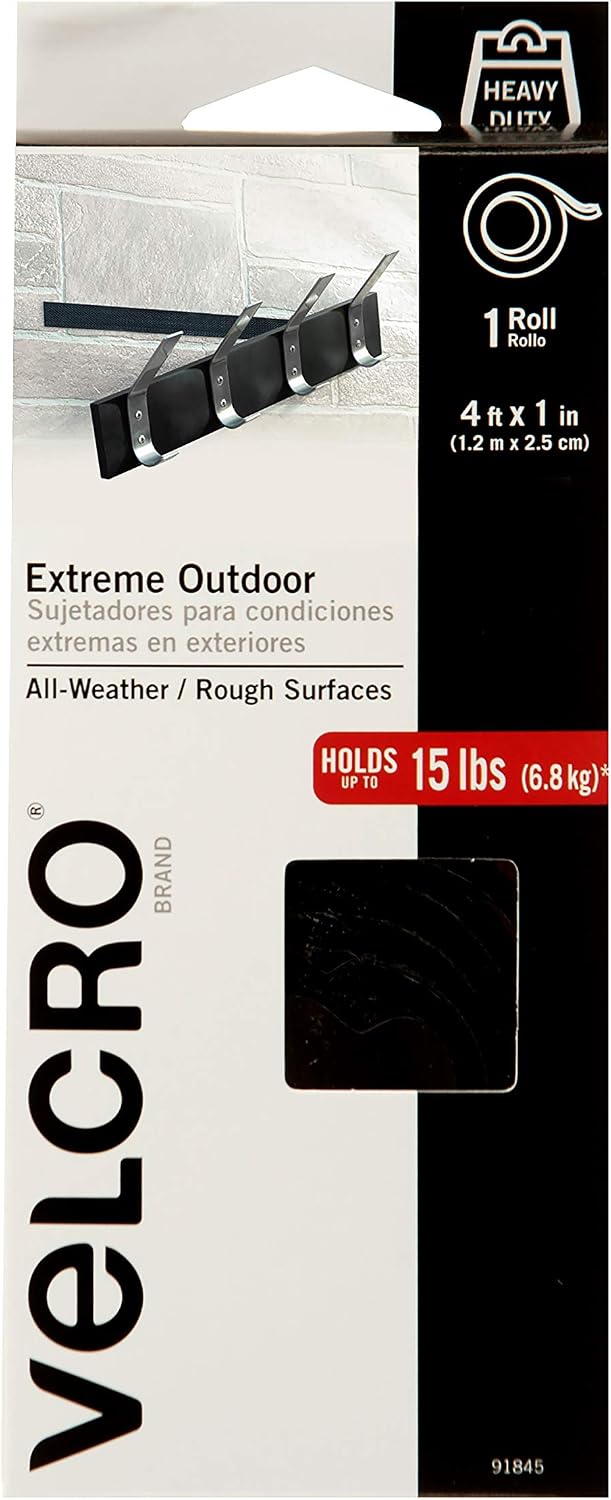 VELCRO Brand Extreme Outdoor Heavy Duty Tape | 4Ft x 1 In | Holds 15 lbs | Black Industrial Strength Adhesive Backed Hook and Loop Fasteners Roll | Strong Weather Resistant (91845)