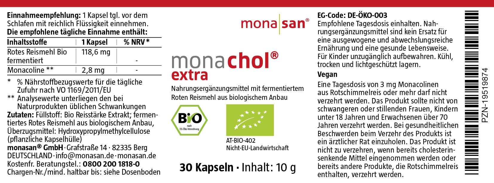 MONASAN monachol® extra BIO-zertifiziert Fermentierter Roter Reis 30 Stück | 2,8 mg Monacoline pro Kapsel, Vegan, Biozertifiziert DE-ÖKO-003, Citrininfrei, Laborgeprüft, Bedarf 1 Monat