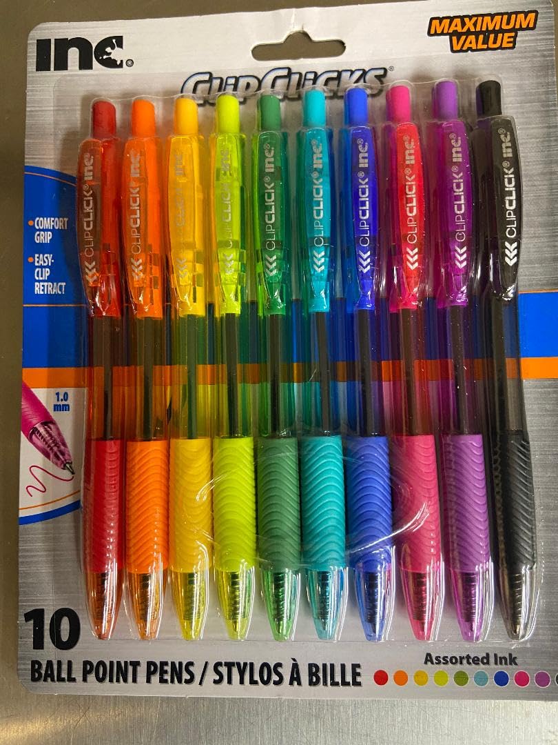 INC CLIP CLICKS 10 PACK OF BALL POINT PENS ASSORTED INC BARREL COLOR IS INK COLOR