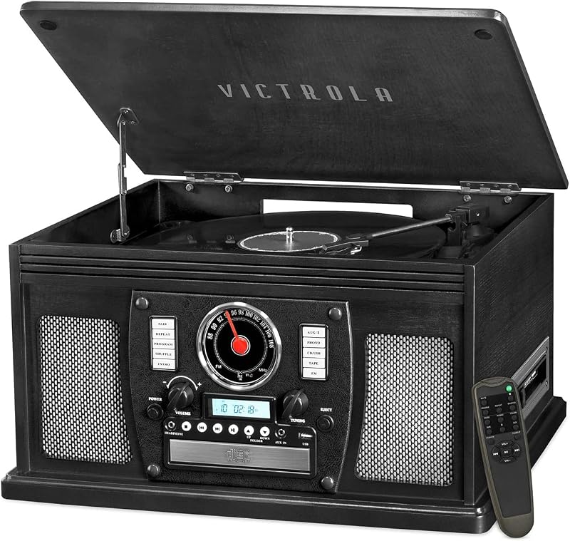 Victrola Navigator - Tocadiscos Bluetooth 8 en 1 - Negro | Gabinete de madera auténtica que reproduce vinilo, CD, casete, radio FM, USB y auxiliar, parlantes incorporados y control remoto incluido.
