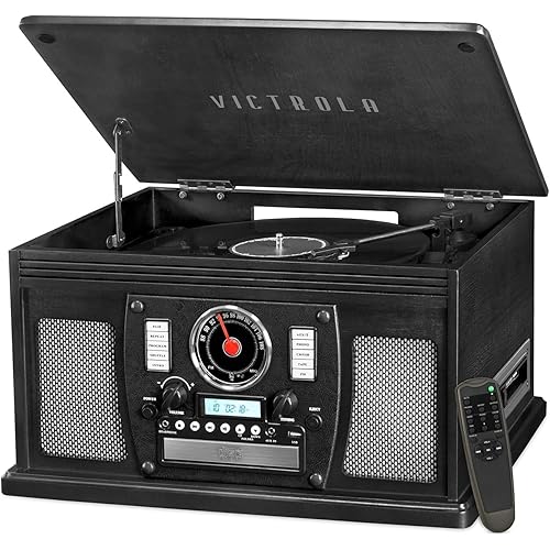 Victrola Navigator 8-in-1 Bluetooth Record Player with Built-in Speakers – 3 Speed Turntable, CD Player, Cassette, FM Radio, USB, RCA Out, Headphone Jack, Wireless Music Streaming, Real Wood (Black)