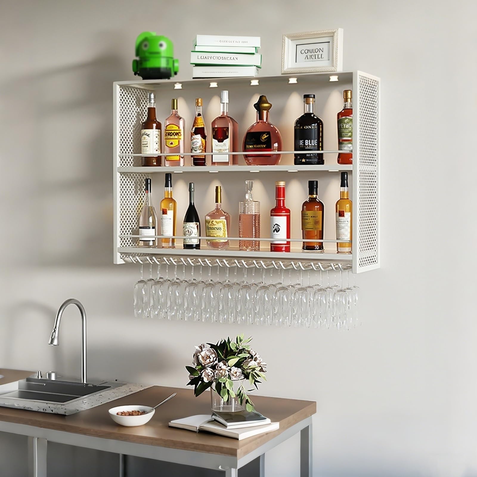 Porte bouteille mural avec porte-verres étagère à vin en fer blanc de 100cm pour cuisine et bar