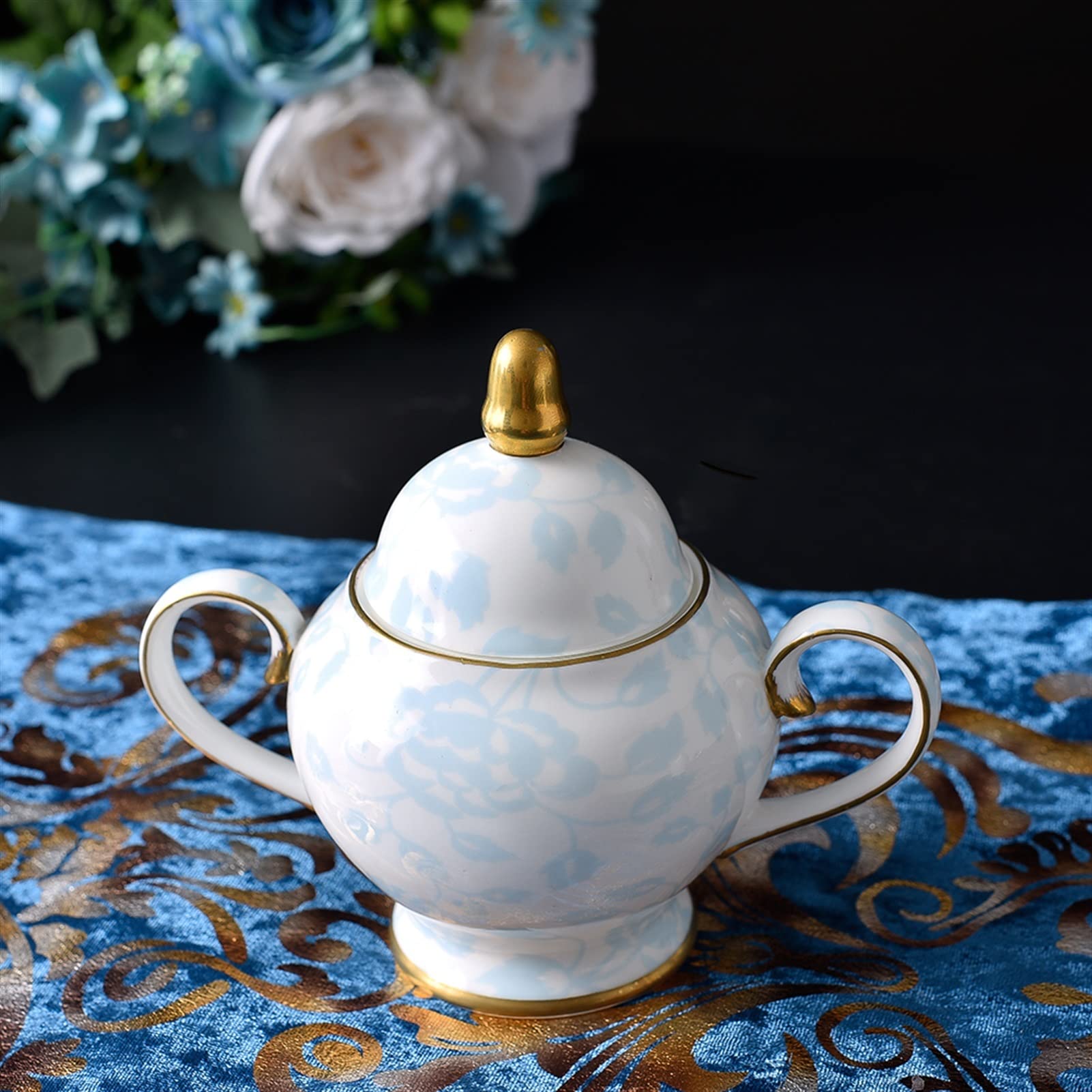 Pot de Sucre Céramique Domestique Jar à Sucre avec Couvercle Or Ligne Bleu Fleur Motif Design os Chine Bol de Sucre for Cube de Sucre Bol à Sucre