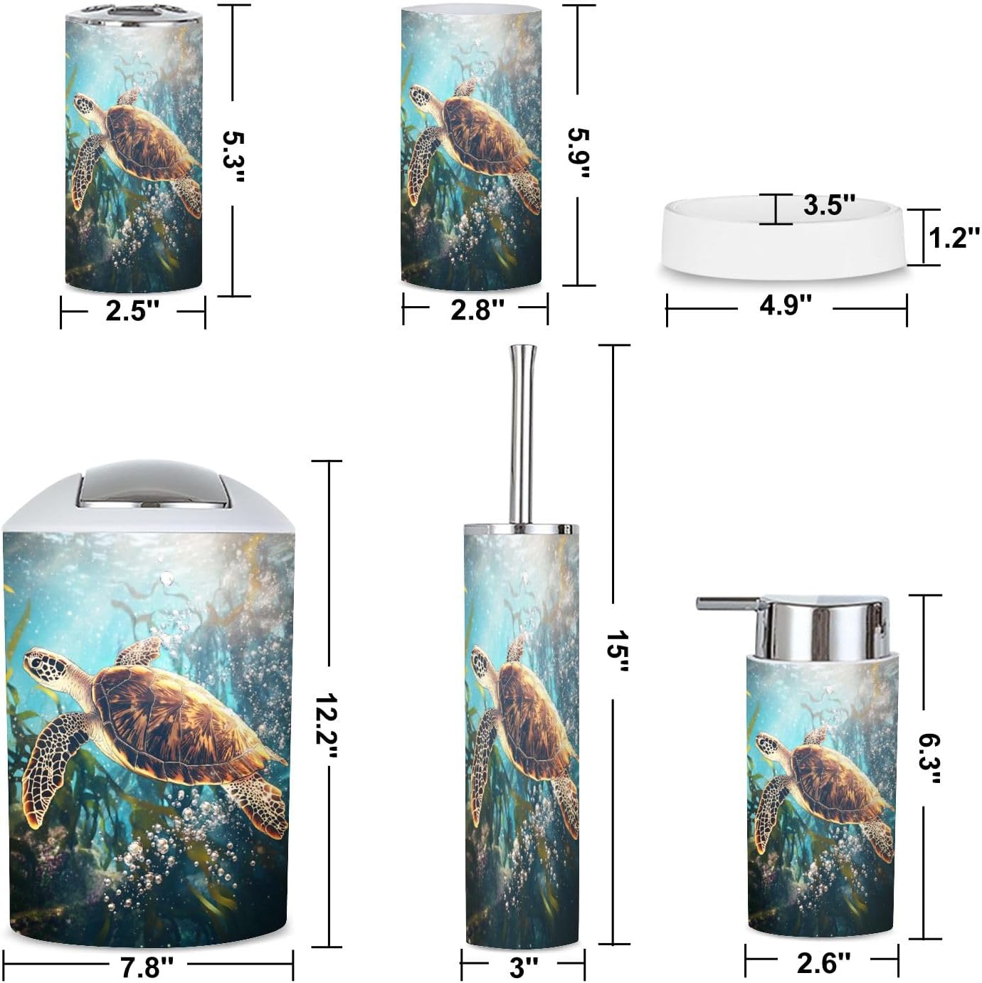 6 Piece Bathroom Accessories Set Sea Turtle Adventure Whimsical Kelp Forest Storybook Art Trash can Toilet Brush Holder Toothbrush Holder Toothbrush Cup Soap Dispenser Soap Dish for Home