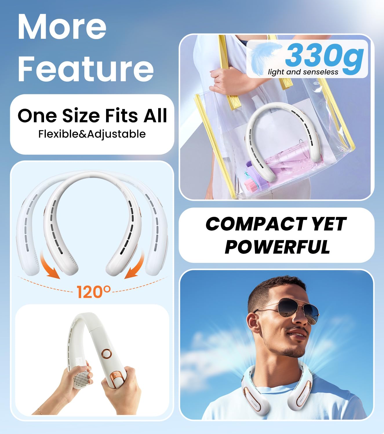 Ventilateur de Cou Portable USB Rechargeable 4000mAh 15H Silencieux sans Pale 3 Vitesses LED 360°