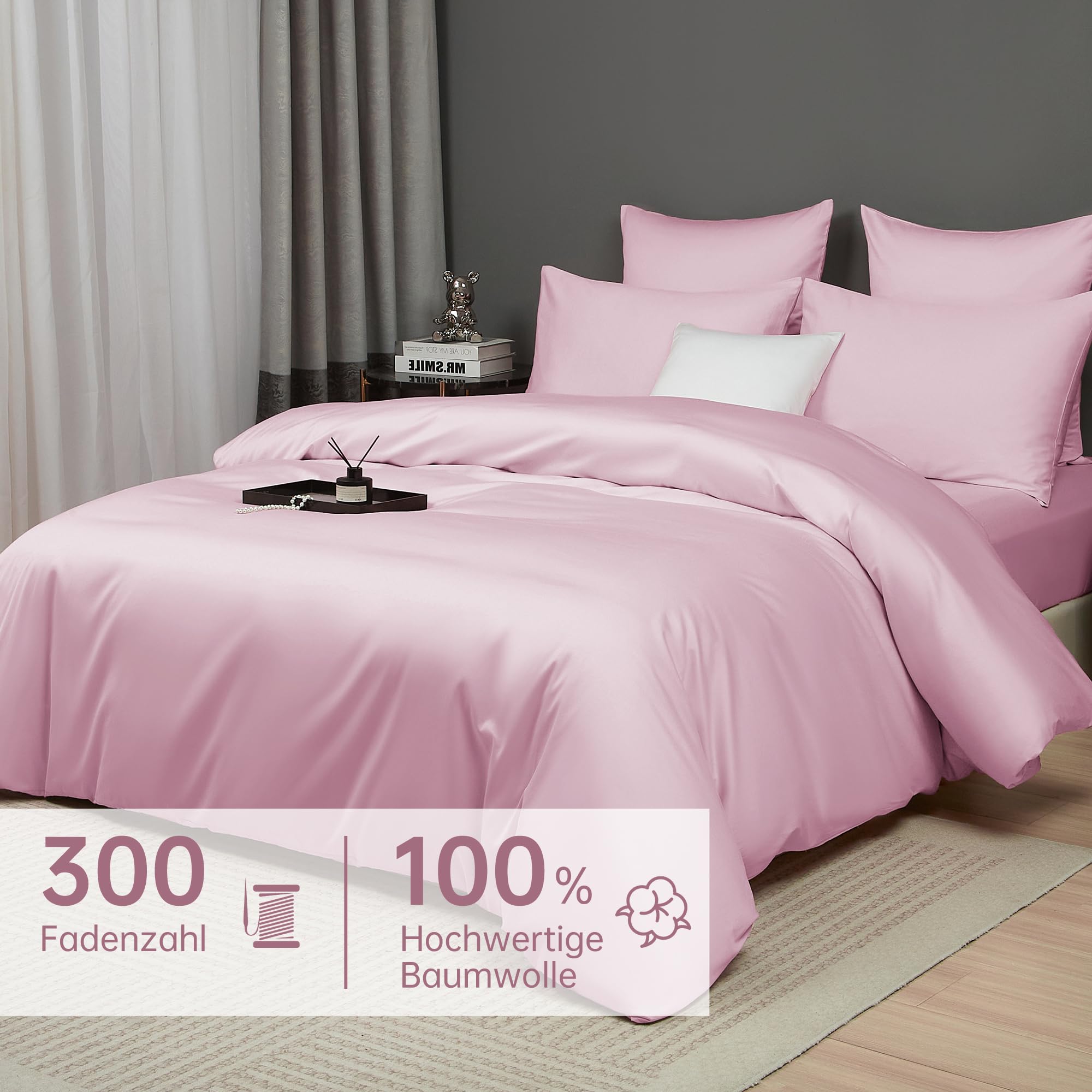 Luowei Biancheria da letto in cotone satinato, 135 x 200 cm, 100% cotone a fibra lunga, delicata sulla pelle, set di biancheria da letto con chiusura lampo e 1 federa 80 x 80 cm