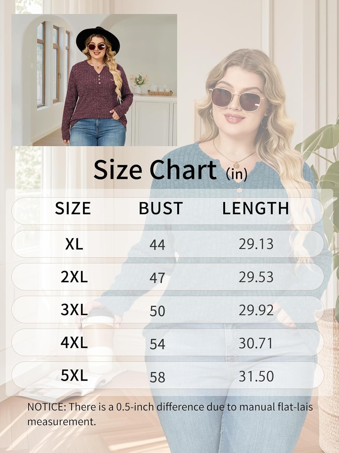 ROSRISS Plus-Size-Tops-for-Women Dressy Long Sleeve Shirts Casual V Neck Tunics Trendy Loose Ribbed Knit Pullover Sweaters - Image 6