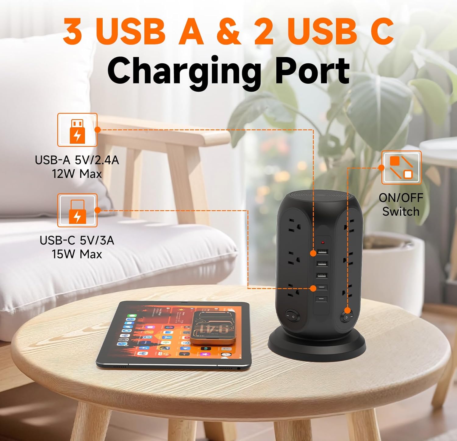 Tower Power Strip with 12 Outlets and 5 USB Ports (2 USB-C), Flat Extension Cord 10 Ft, Surge Protection 1250W Multiple Outlets Charging Station for Home Office Dorm Room