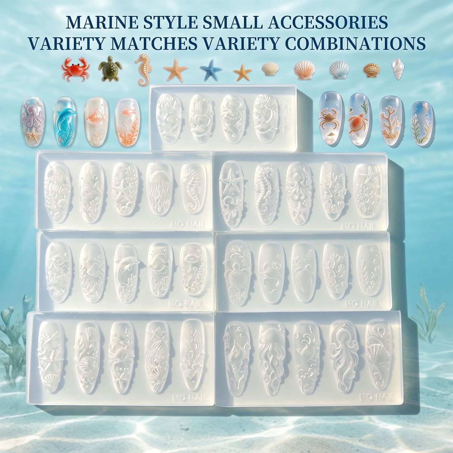 7Pcs Ocean 3D Silicone Nail Resin Molds Marine Life Nail Embossing Molds