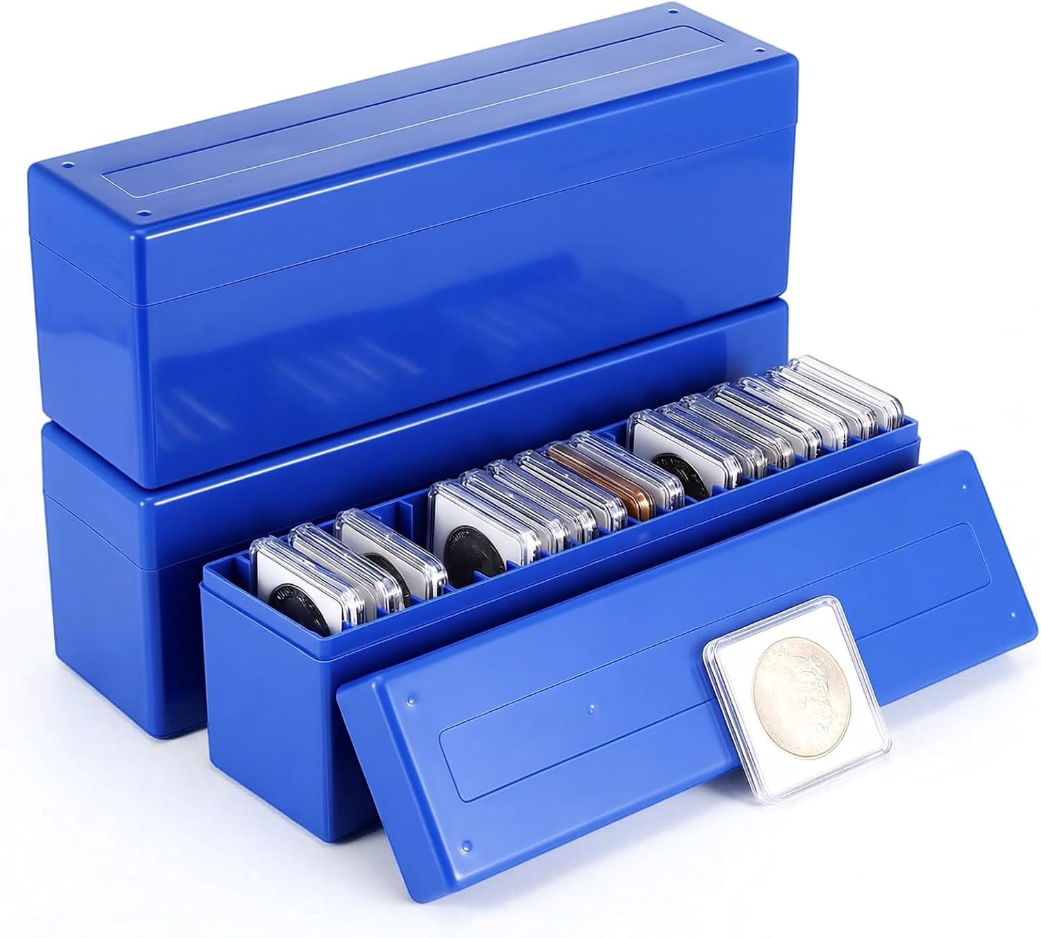 3-Pack Coin Holder Organizer Set, 20-Slot Coin Storage Box for Collectors, Blue Plastic Coins Box for Collectors Office Home Bank Supplies, Durable Coins Storage Solution