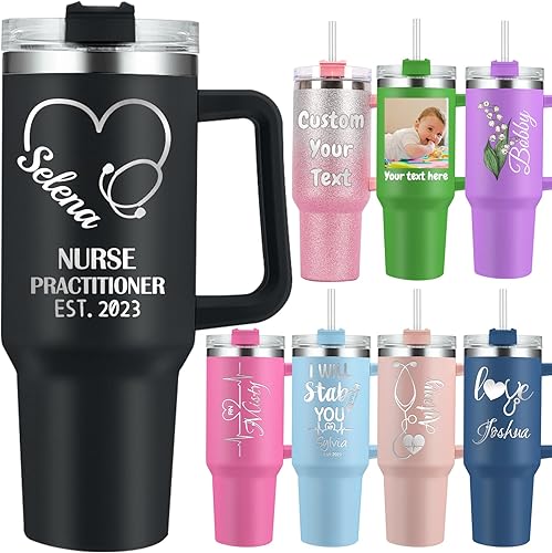 Vaso personalizado para enfermera con asa y nombres, 40 onzas, grabado con texto, logotipo, tazas de viaje de acero inoxidable con tapa, regalos