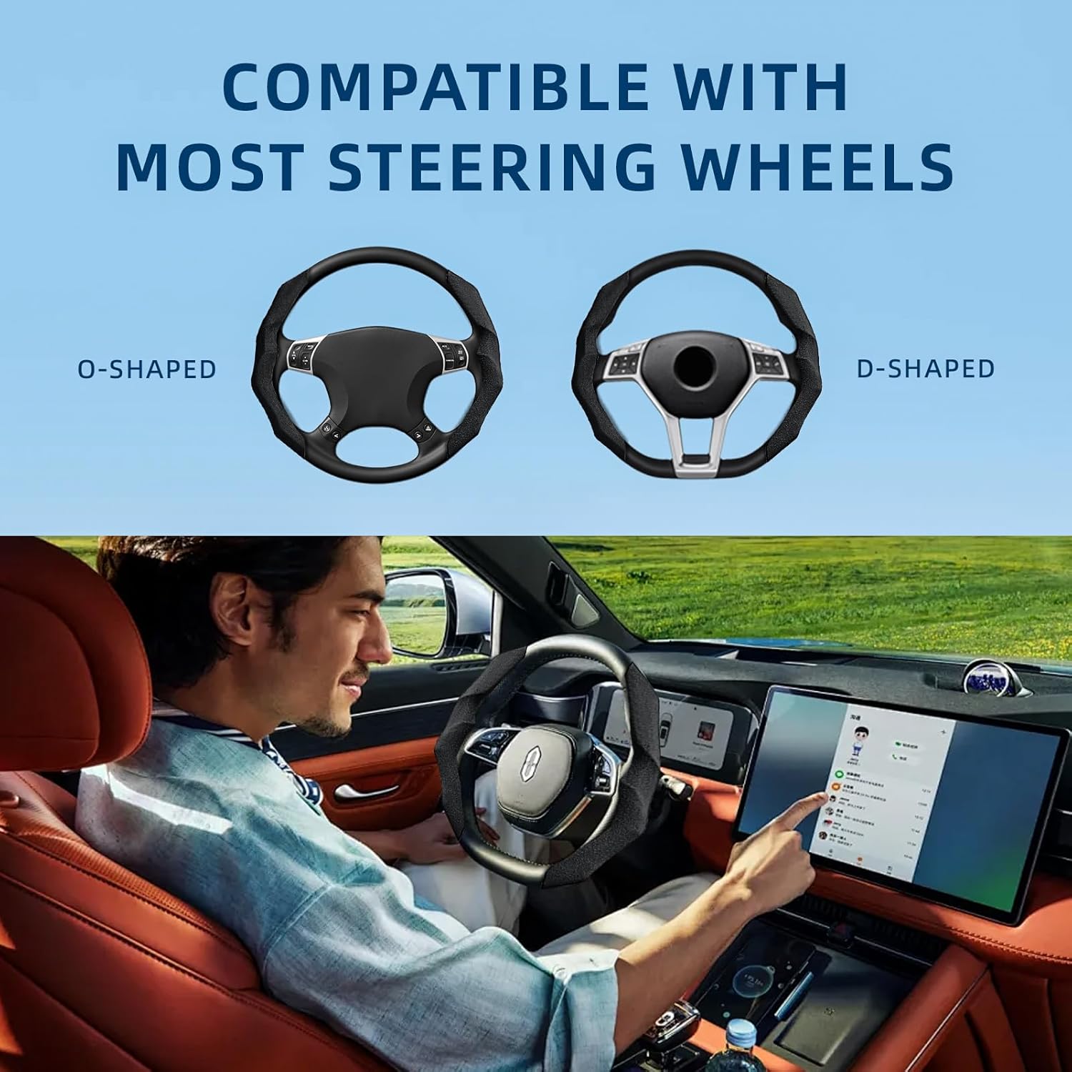 Suede Steering Wheel Cover with Anti-Slip Lining and Segmented Design 2pcs Universal Steering Wheel Protector for Men and Women, Car Interior Accessory (Suede Black)