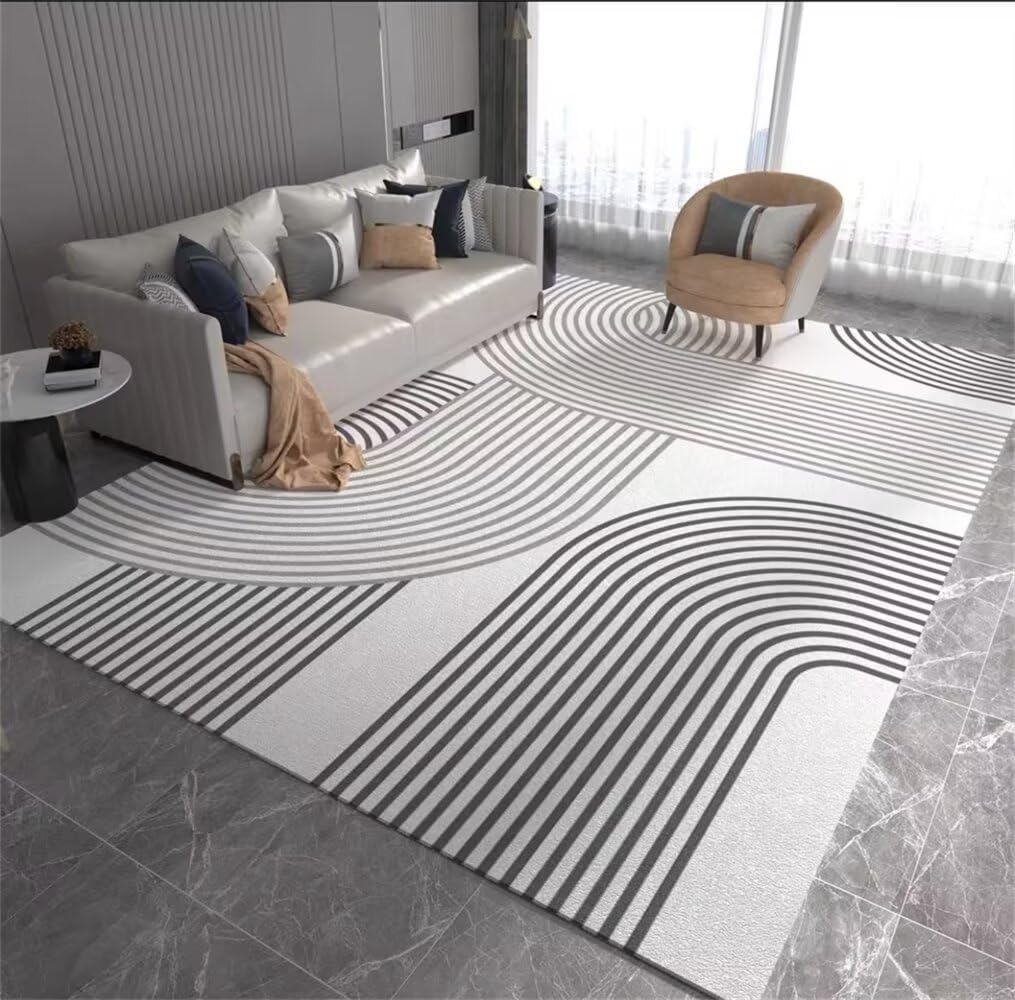 Grand tapis de salon moderne à rayures grises élégantes