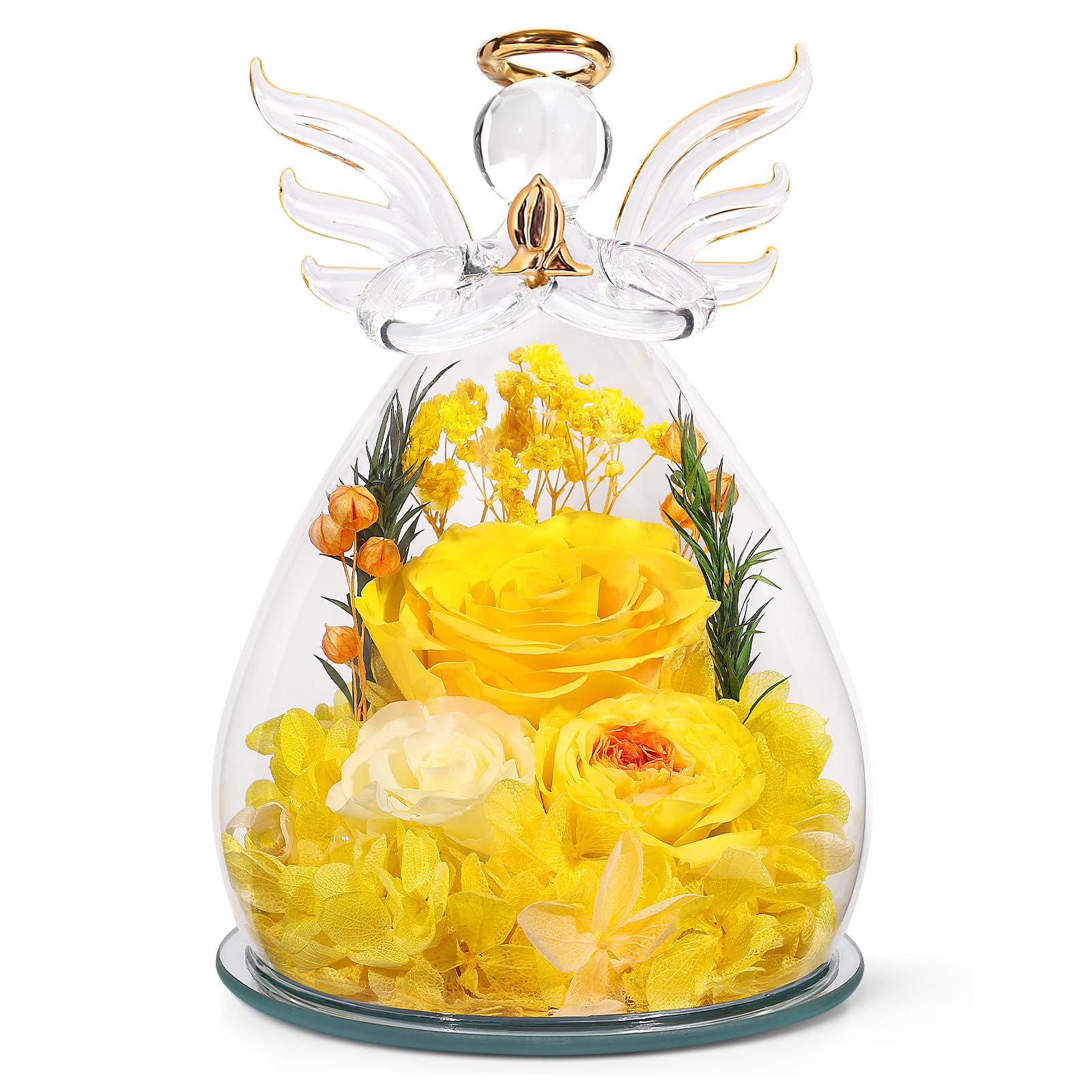 Gifts for Women Preserved Rose Forever Flower in Glass Angel Figurines Fresh Flowers for Delivery Prime Mothers Day Birthday Gifts for Mom Real Yellow Roses for Grandma Sister Wife Her from Daughter