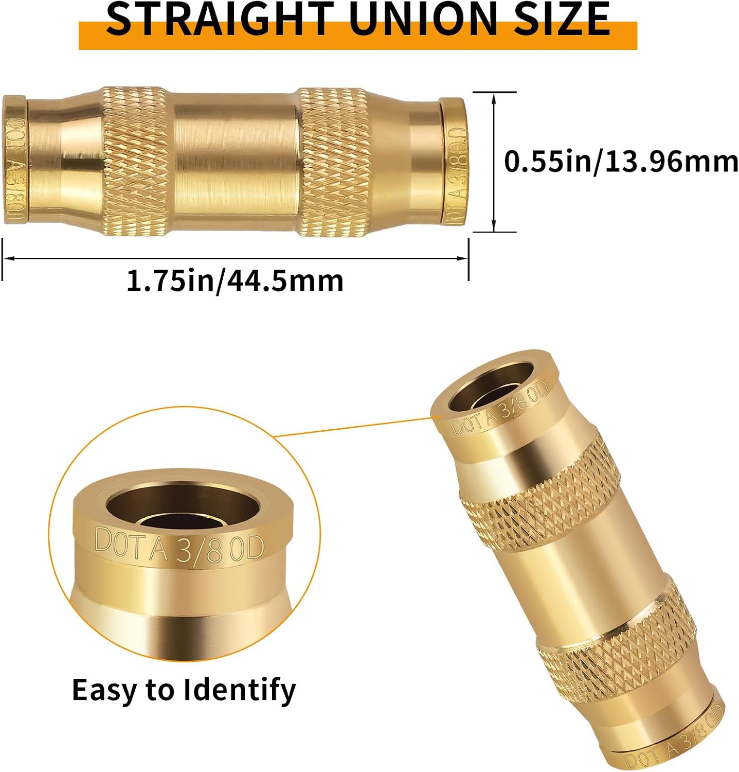 MuHize 3/8" Air Brake Line Fitting - Brass Push to Connect Union Fitting, 3/8" Tube OD Push In Air Brake Union for Trucks, Trailers & Industrial Applications, 3 Pack