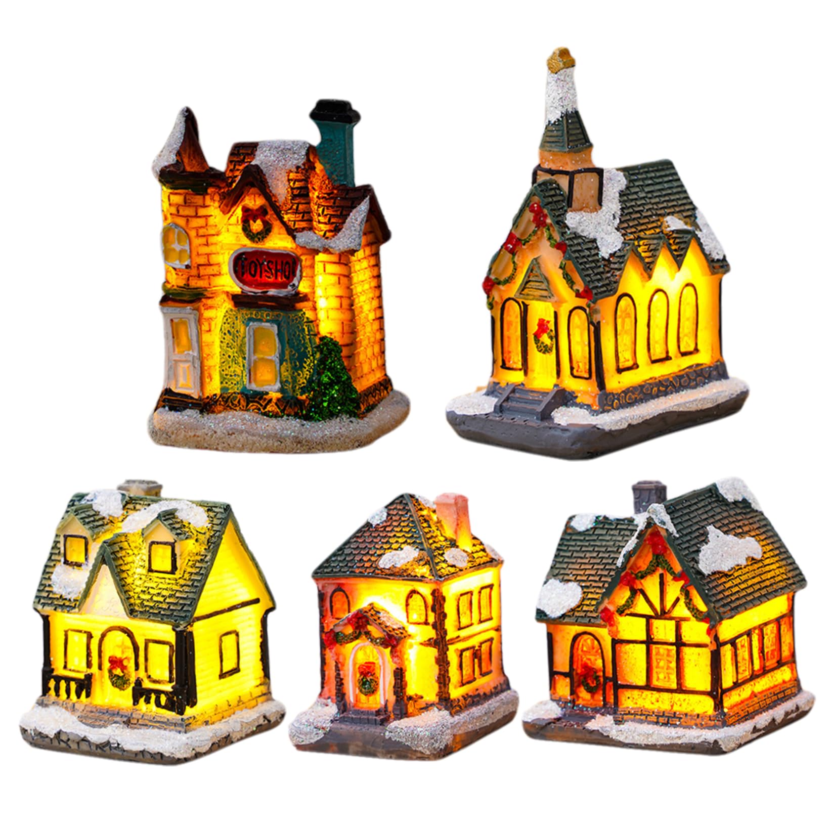 Tsawntd 5PCS Christmas Village House with LED Lighted Adorable Christmas Village Battery Operated Sets for Xmas Indoor Party Decor Birthday Town Sets