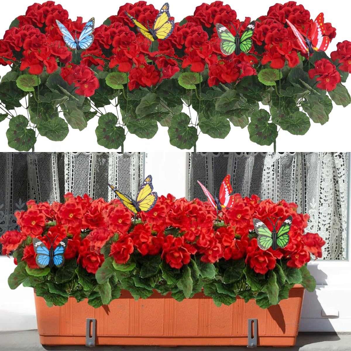 Avoik Fiori artificiali per esterni 4 fasci di gerani Piante finte Fiori Fiori di seta finti Resistenti ai raggi UV Piante interne esterne per giardino portico matrimonio casa (rosso)