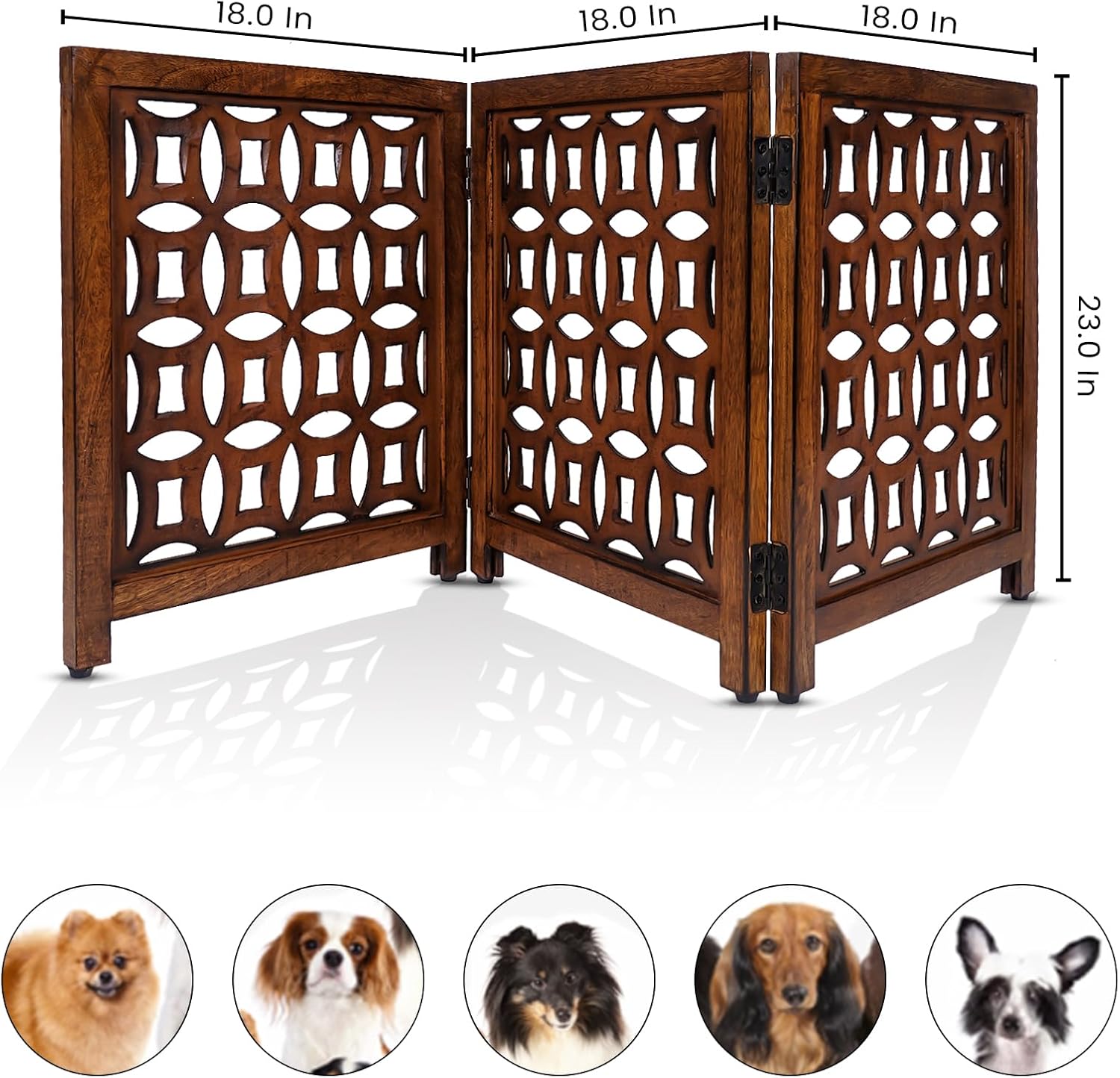 Wooden Pet Gate – Puppy Gate Foldable Freestanding Dog Gate (18” x 23”) | Decorative Cat Gate Safety Barrier for Pets & Toddlers | Indoor Use for Doorways, Hallways, Stairs (Ringus, 3 Panel)