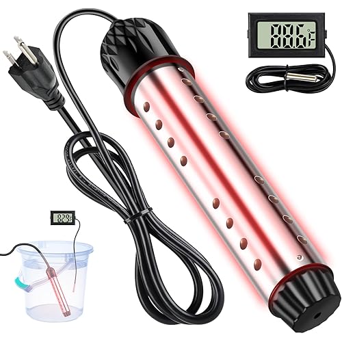 1500W Immersion Water Heater with Digital Thermometer, Portable Bucket Heater with Auto Shut-Off & 304 Stainless Steel Guard, Rapid Heating for Inflatable Pool, Bathtub & Home Use (1)