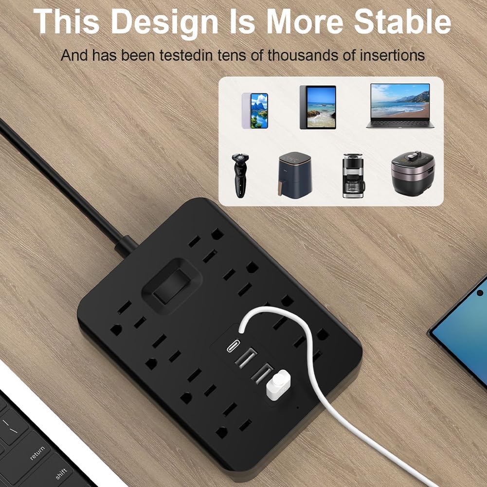 Power Strip with 1700J Surge Protector, Flat Plug Extension Cord with Multiple Outlets, 8 AC, 3 USB A & 1 USB C Port for 12W, 5ft Outlet Extender for Home, Office, Dorm Essential - US,Black
