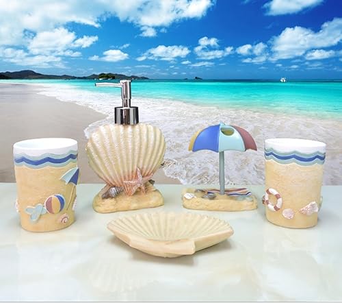 Juego de baño de resina creativa 5 piezas en estilo mar playa vaso jabón plato jabón dispensador cepillo de dientes titular