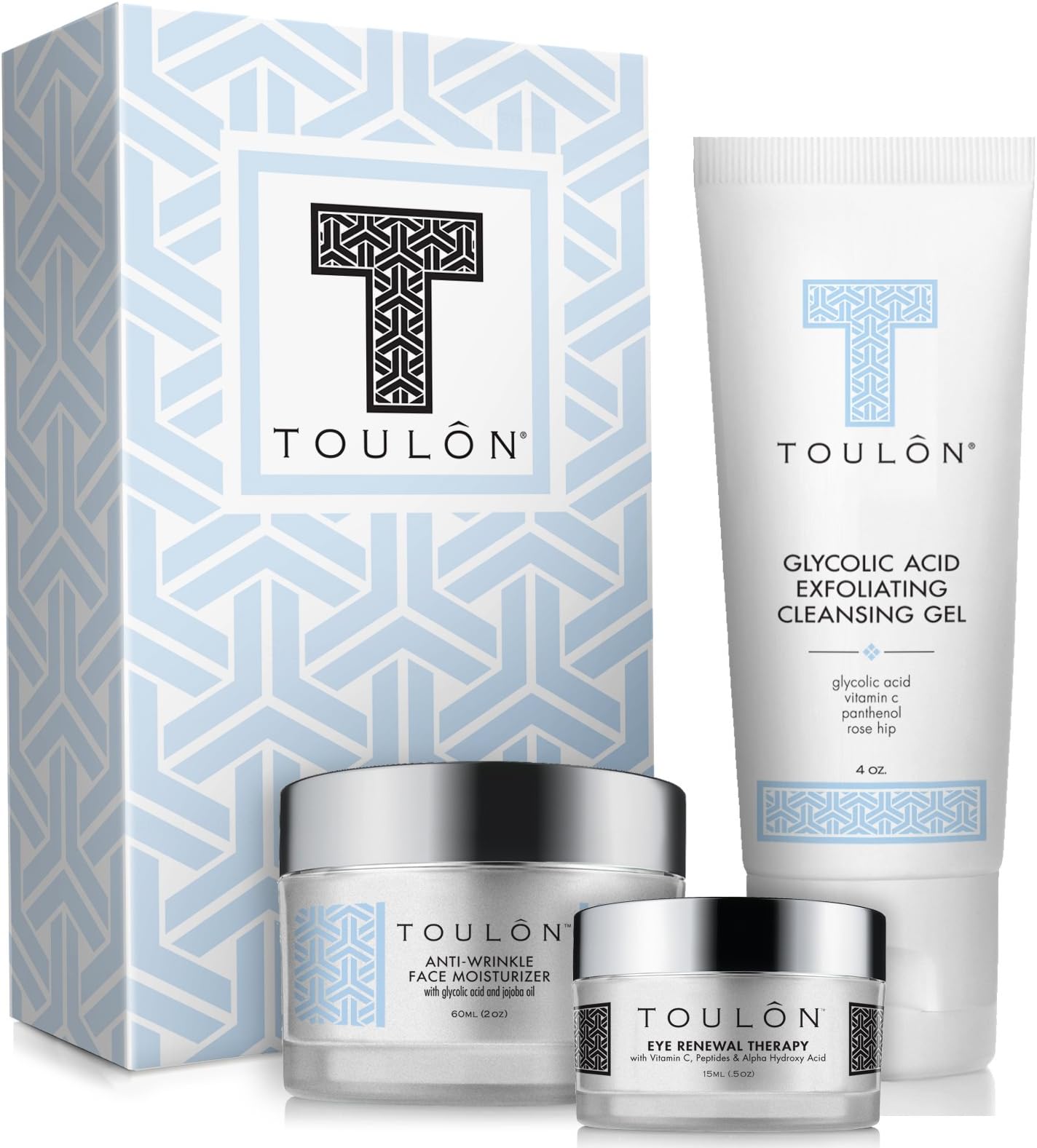 Anti Aging Skin Care Kits for Her or Him Glycolic Acid Face Cleanser / Alpha Hydroxy Face Wash, Glycolic Acid 10% Daily Moisturizer & Eye Cream for Dark Circles. Christmas Gift Set Kit for Women & Men