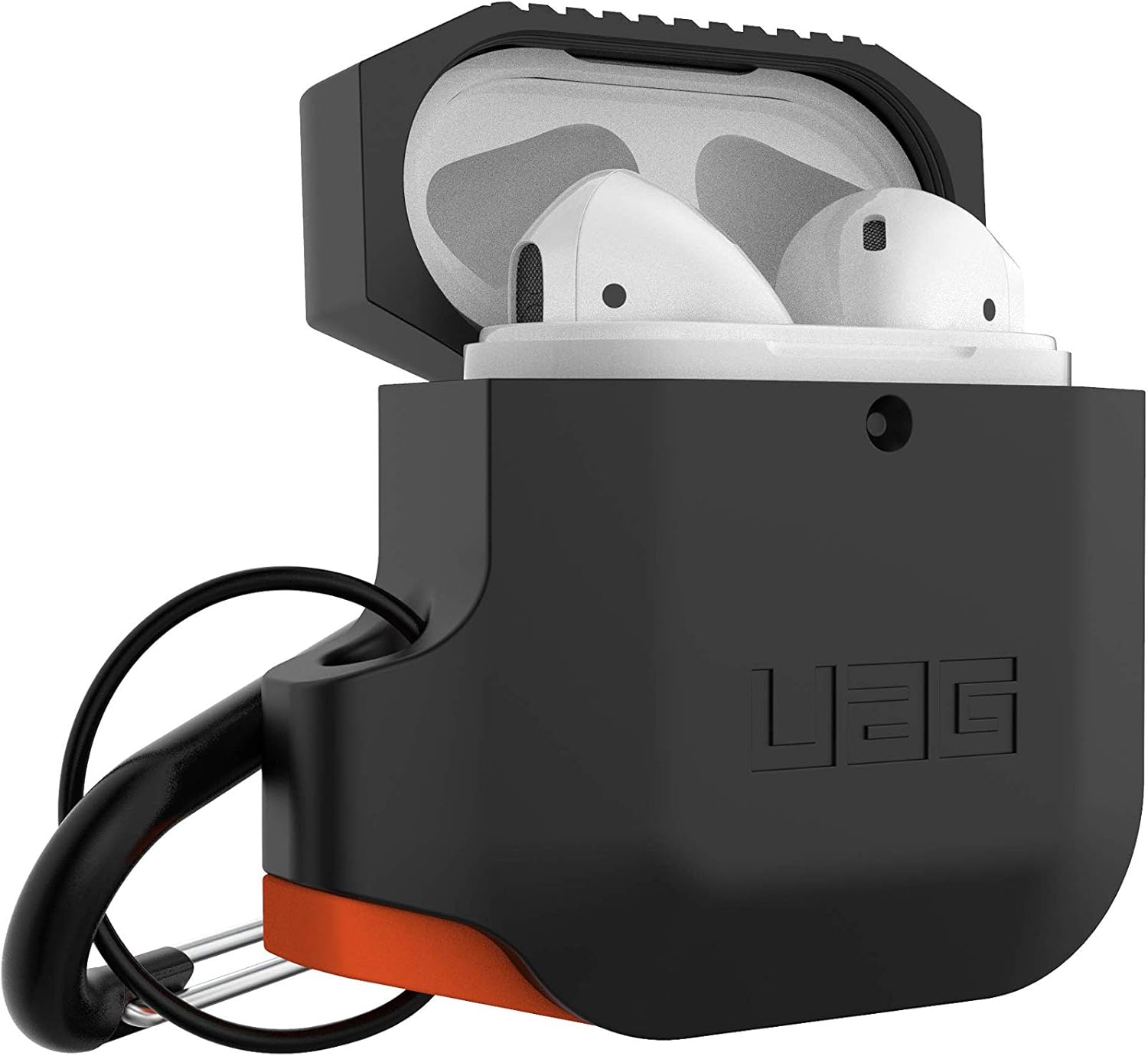 URBAN ARMOR GEAR UAG Compatible with AirPods (1st Gen & 2nd Gen), Full-Body Protective Rugged Water Resistant Soft-Touch Silicone Case with Detachable Carabiner, Black/Orange