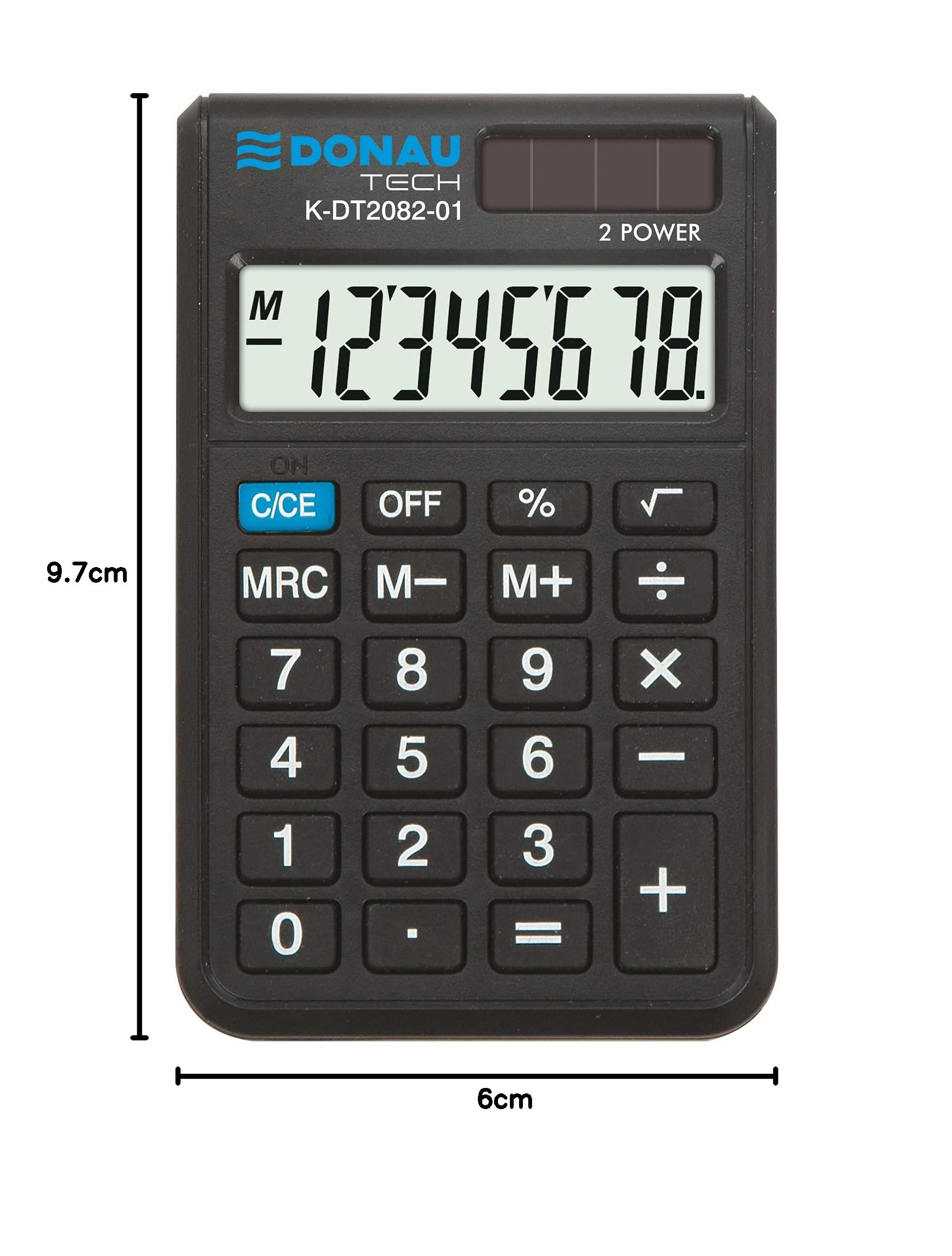 Kalkulator DONAU TECH/K-DT2082-01 8-cyfrowy funkcja korzenia/97 x 60 x 11 mm/kolor: czarny/kalkulator z 8-cyfrowym wyświetlaczem/Dual-Power Solar - zasilanie bateryjne/kompaktowa konstrukcja