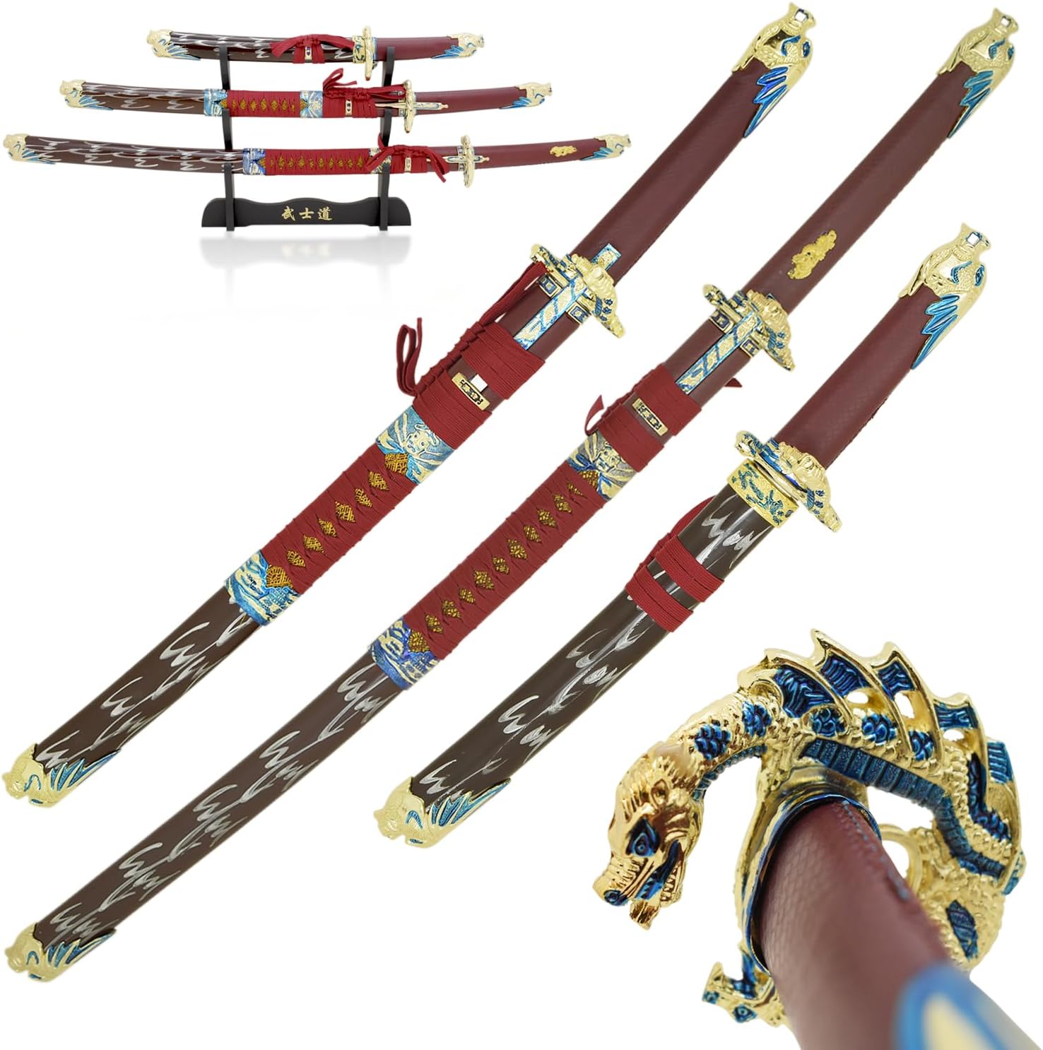 Snake Eye Tactical Highlander Dragon Design Handle Samurai Katana Triple Sword Set w/Sword Stand