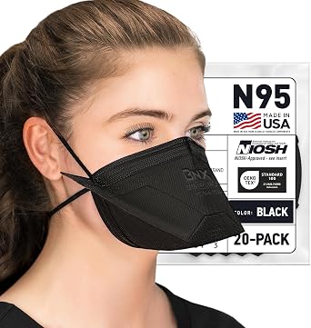 BNX N95 Mask NIOSH Certified MADE IN USA Duckbill Style Particulate Respirator Protective Mask 20-Pack, Approval Number TC-84A-9524 / Model D95B Black