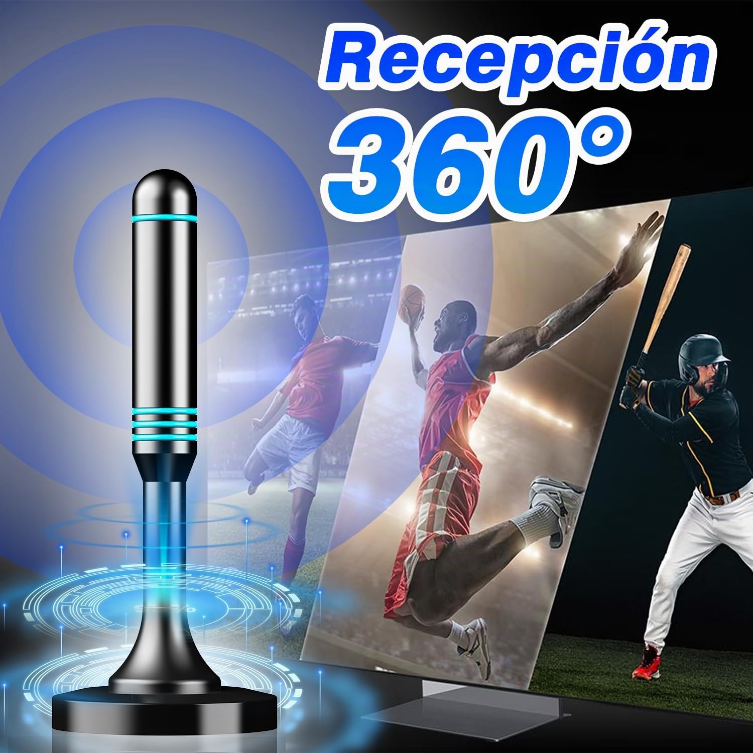 Antena TV Interior TDT HD 1080P 4K, Antena Portátil con Base Magnética, Recepción de Larga Distancia, Compatible con DVB-T/DVB-T2 y Smart TV, Acceso a Canales Locales Sin Suscripción