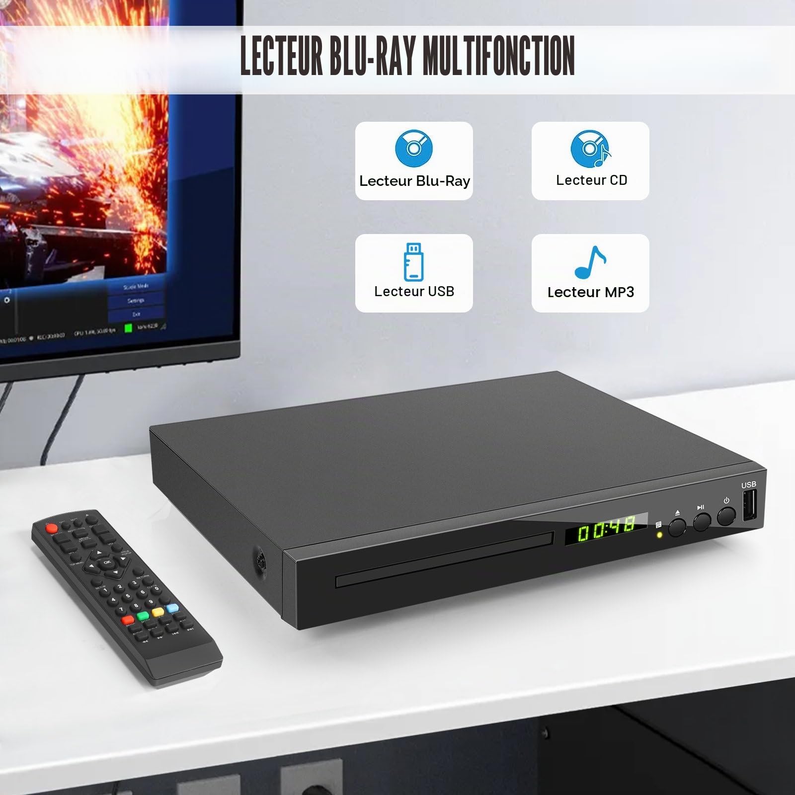 Lecteur Blu-Ray pour Téléviseur (Région 2), Compact Lecteur CD DVD Multizone avec Sortie Coaxiale AV HDMI Entrée USB, Prise en Charge clé USB, Lecture des Disques Blu-Ray de la Région 2