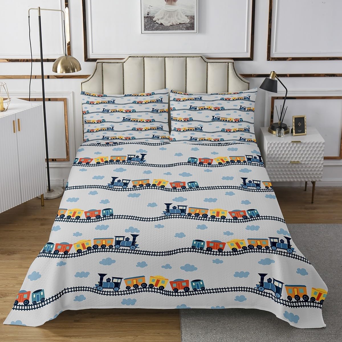 Erosebridal Kids Locomotive Train Quilt Set King,Cute Steam Engine Truck Bedspreads for Boys Girls Blue White Clouds Bedding Sets Railway Car Vehicles Coverlet Set with 2 Pillowcases