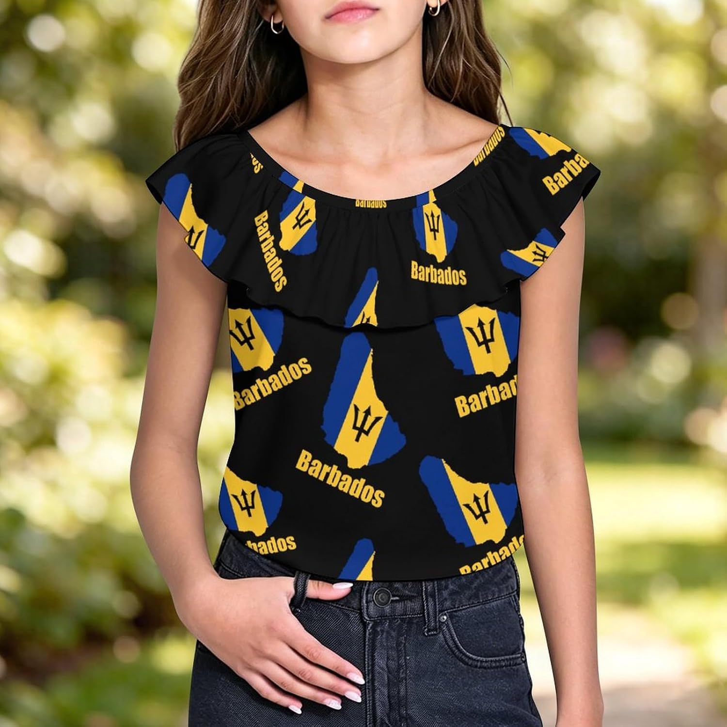 Barbados Flag Map Girls T-Shirts Top Ruffle Short Sleeve Blouse Casual Graphic Tees