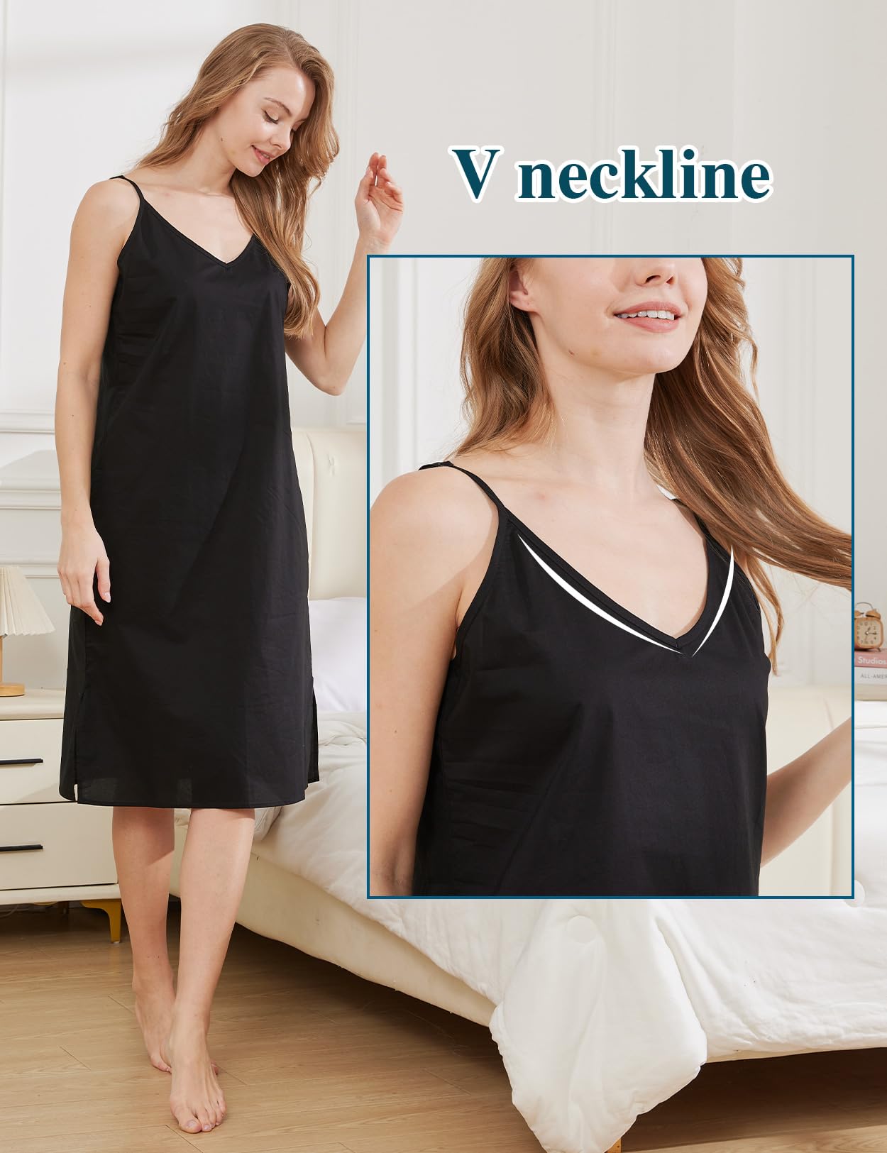 BEAUTELICATE Fond De Robe Longue Jupon sous Robe 100% Coton Légère Respirants Bretelles Chemise De Nuit Nuisette Col V De Femme Été Blanc Noir Chair