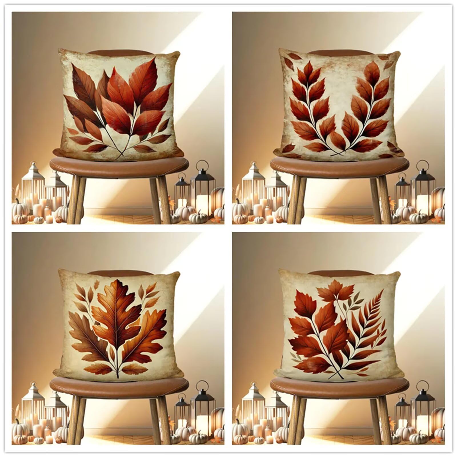 Heaen Outdoor Cushions Covers Waterproof 55x55 cm Set of 4 Square Linen Pillow Cases Brown Leaves Decorative Dushions for Sofa Porch Patio Home Decor