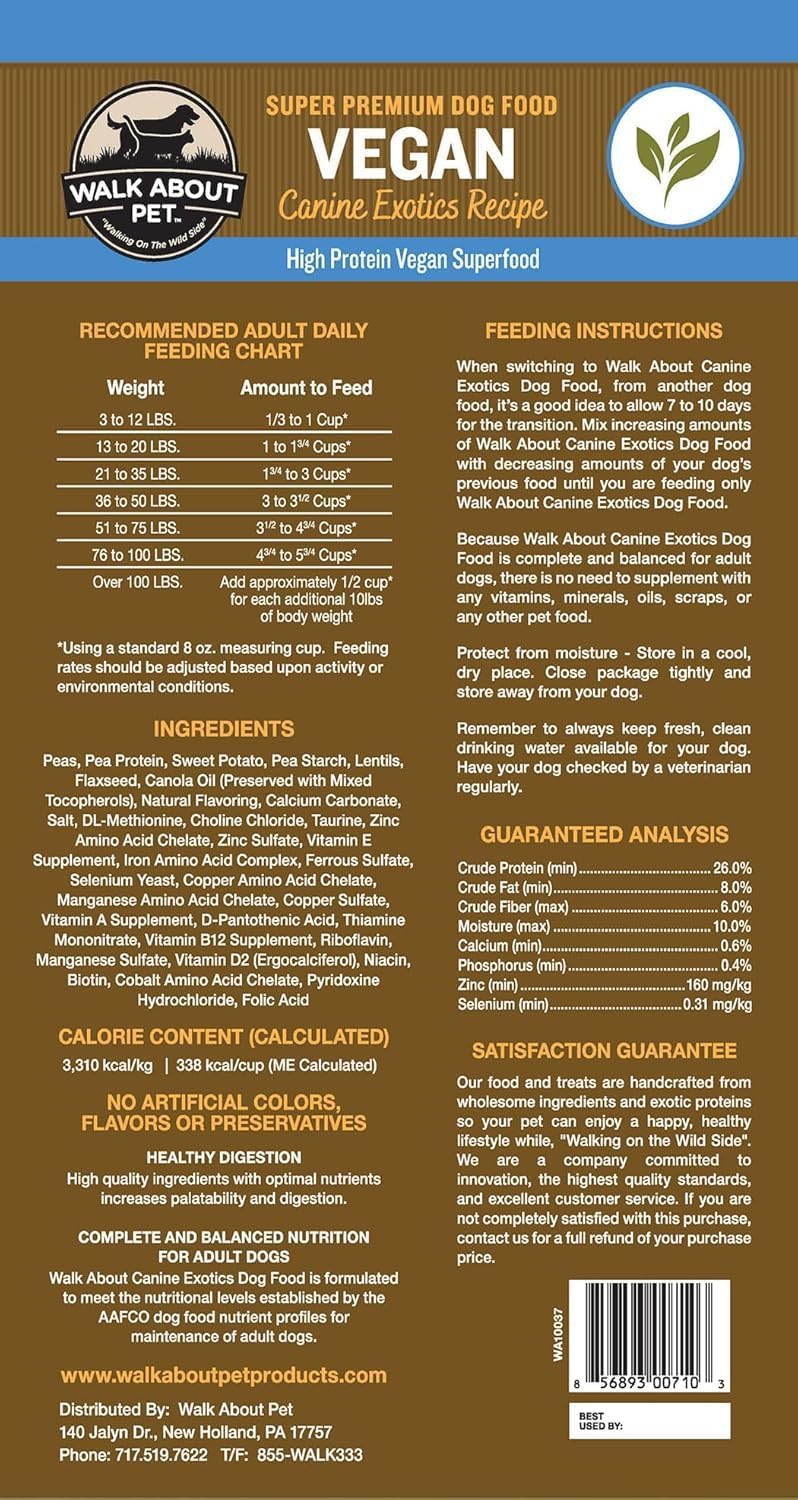 Walk About Pet, WA10038, Super Premium Canine Exotics Dog Food, Dry Alkaline Kibble, Vegan Recipe, Grain-Free, Gluten-Free, Single Source Protein, 25-Pound Bag