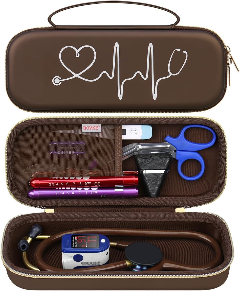 Stethoscope Case for 3M Littmann Classic III Monitoring, Lightweight II S.E, MDF Acoustica Deluxe Stethoscopes - Extra Room for Medical Bandage Scissors EMT Trauma Shear and LED Penlights, Brown