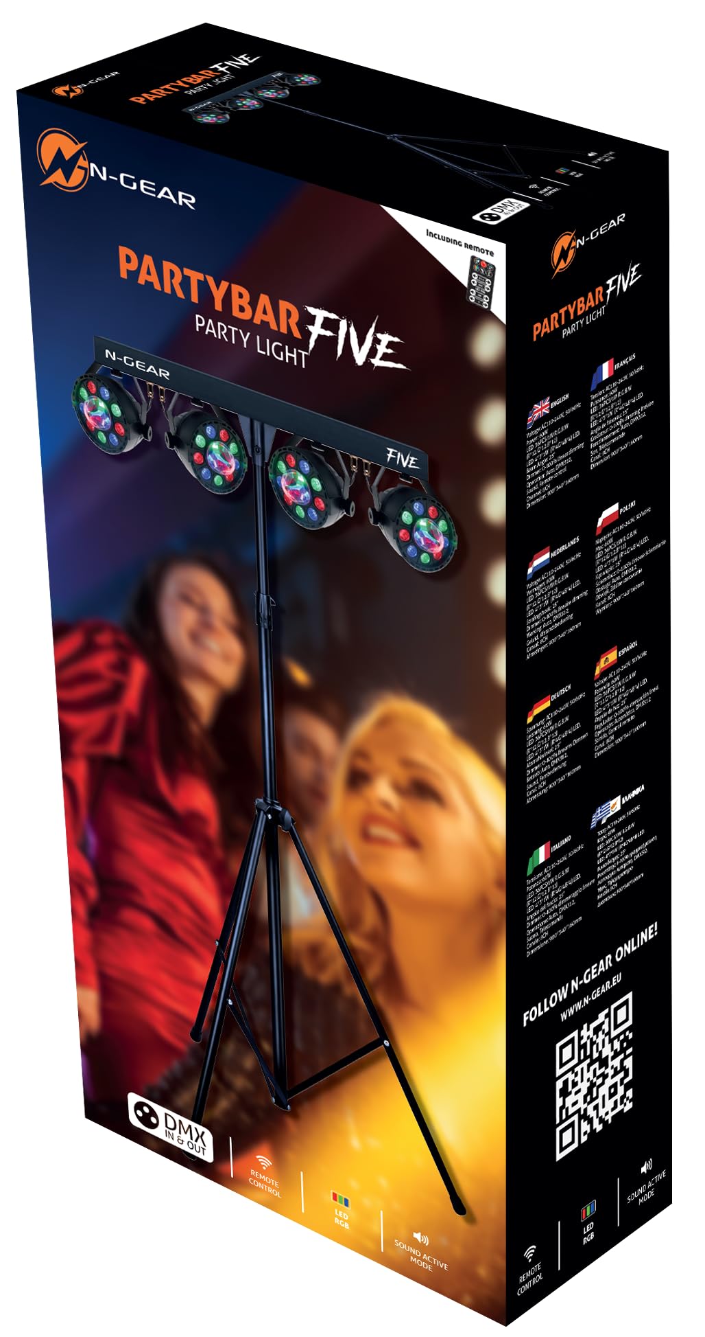 N-Gear PartyBar Five Barra de Luces LED PAR RGB DJ con Trípode y Mando | 4 focos PAR RGB - control DMX y modo música - mando a distancia - trípode ajustable - para fiestas, discoteca y escenario