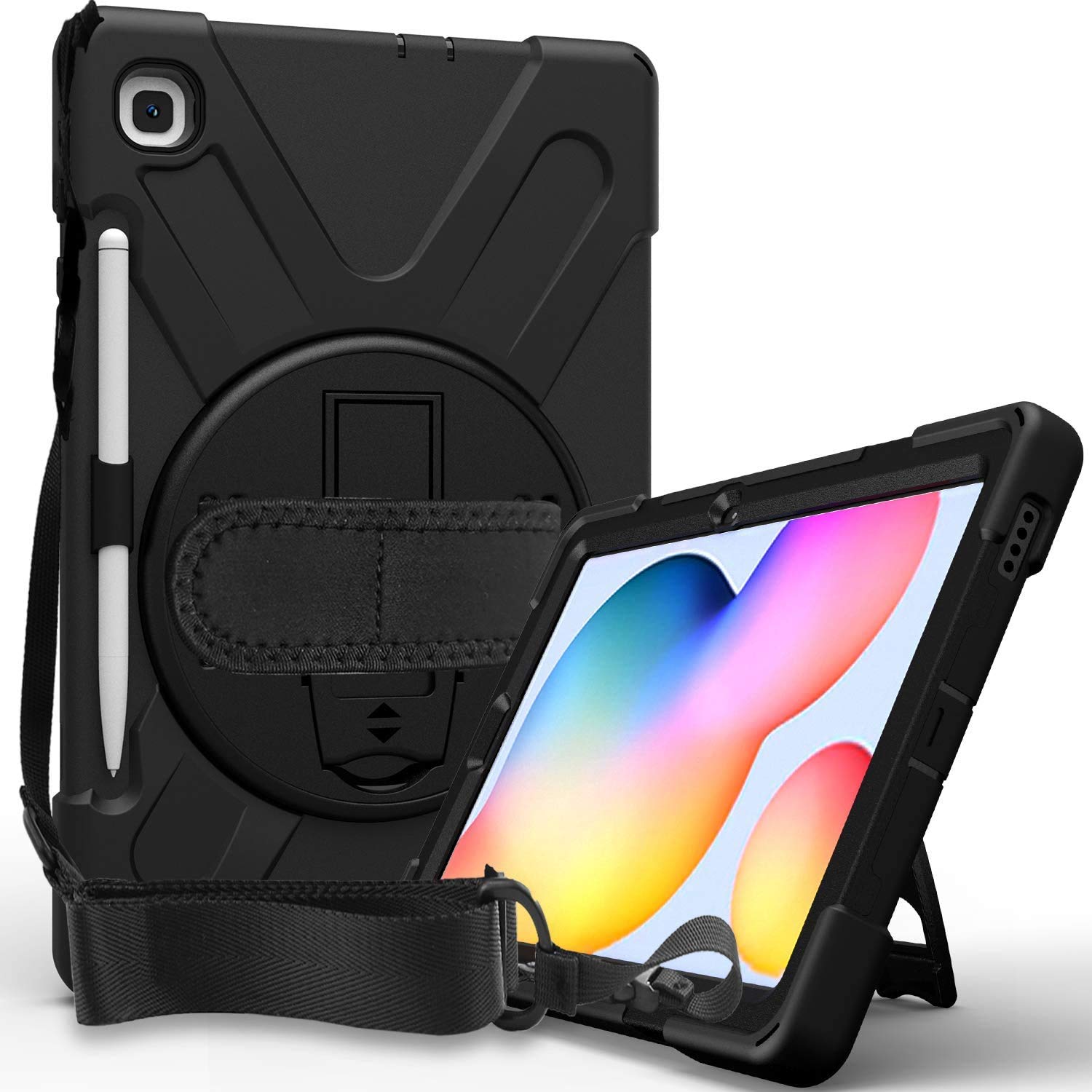 ProElite Rugged 3 Layer Armor case Cover for Samsung Galaxy Tab S6 Lite 10.4 Inch 2024 SM-P610/P615 with S Pen Holder, Hand Grip and Rotating Kickstand, Black