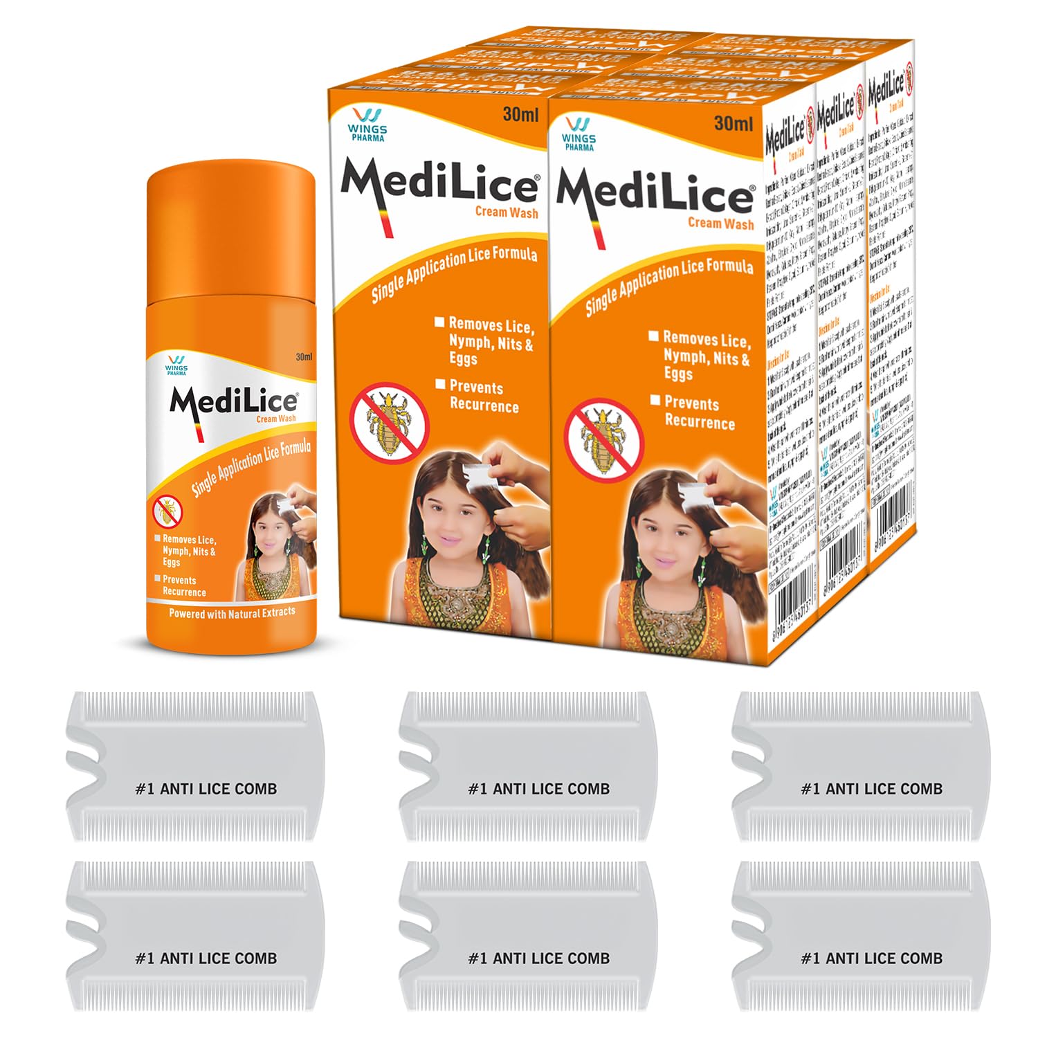 MediLice Cream Wash with Plastic Comb | Pack of 6 Bottles & 6 Combs | Removes Nits, Eggs & Larvae in Kids, Men & Women | Prevents Recurrence | Trusted Brand Since 1998