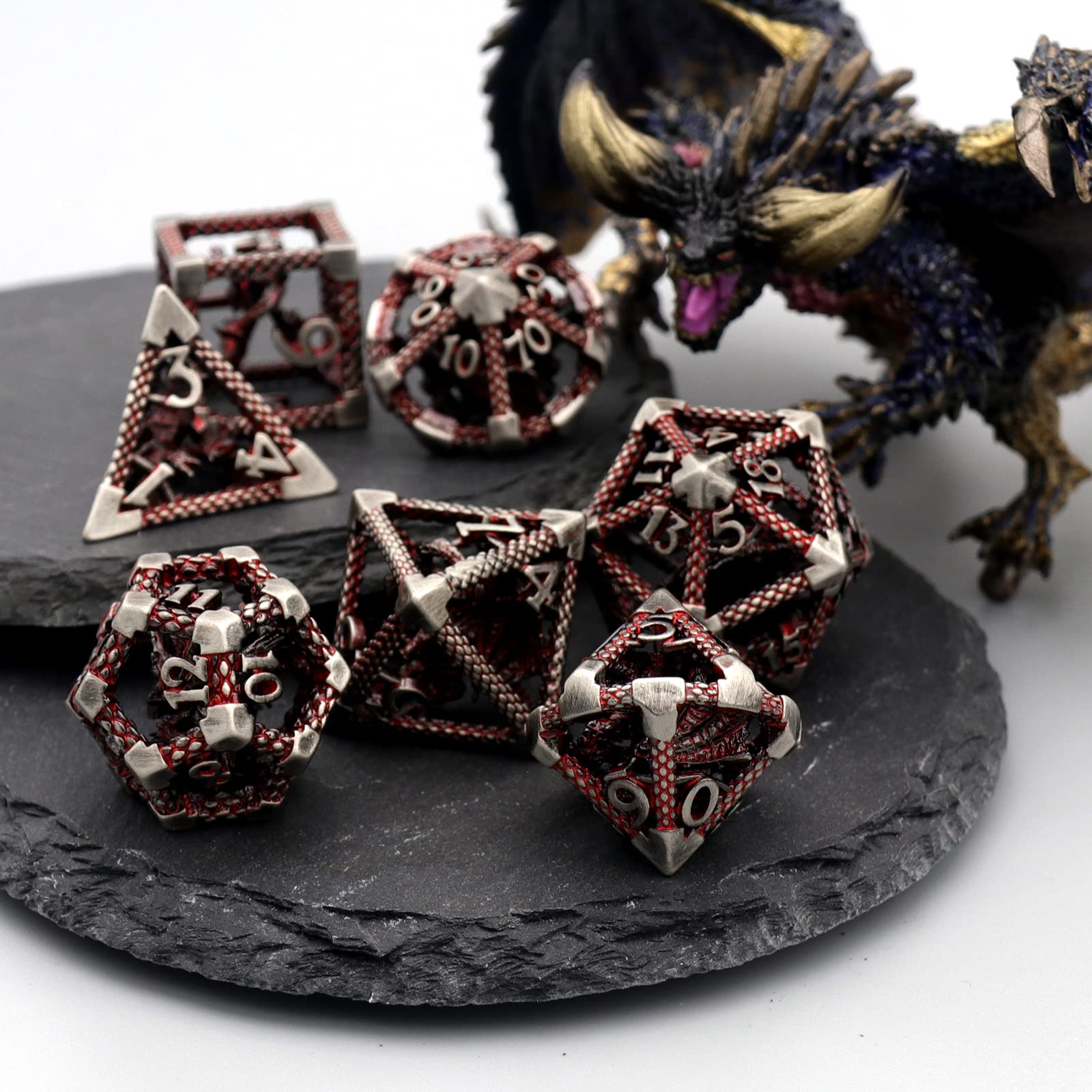 HNCCESG Set De Dados De Metal Huecos Para D&D – Dragón Incrustado 3D, 7 Piezas (d20, D12, D10, D8, D6, D4), Peso 69g