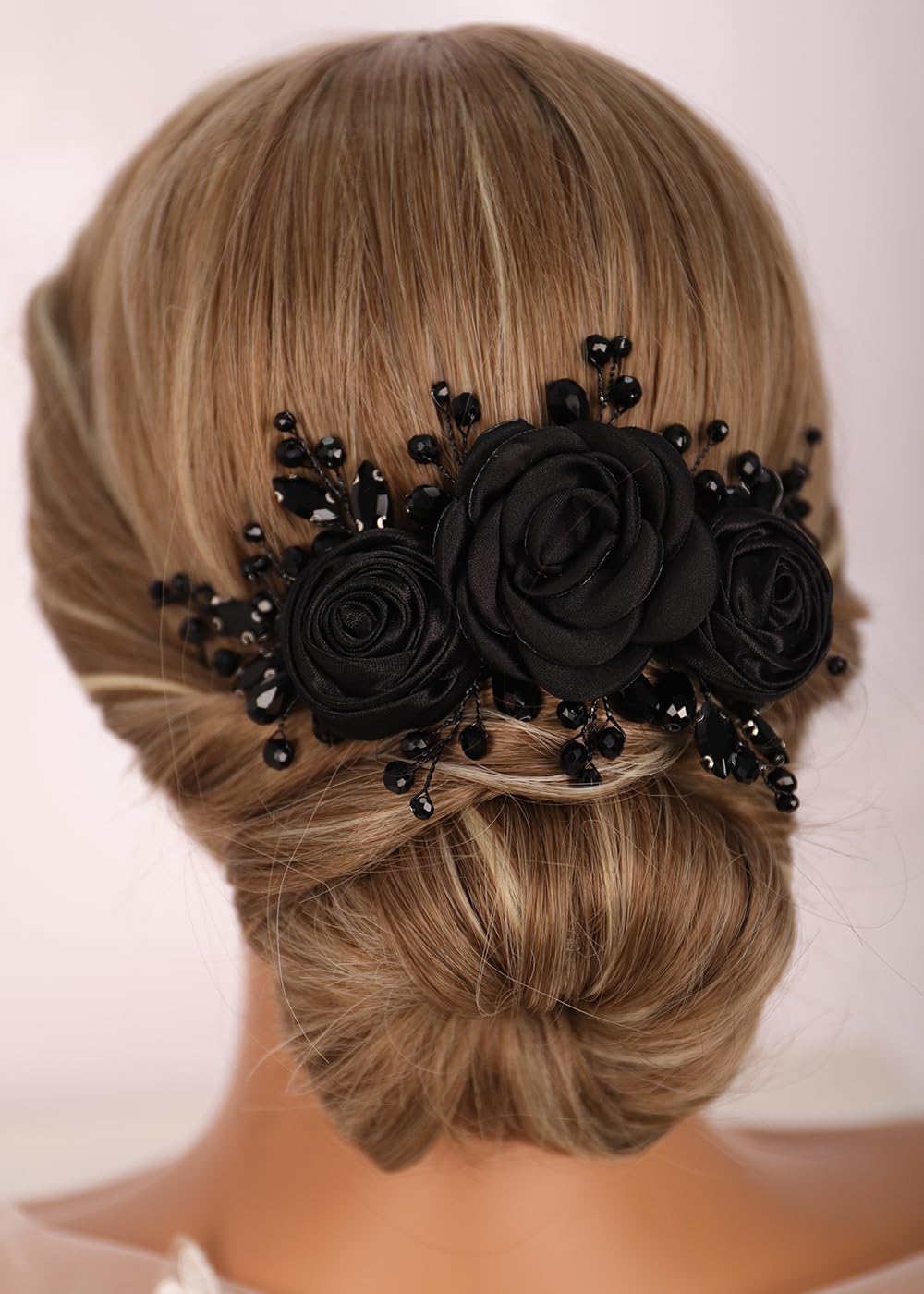 Kercisbeauty Sofe Chiffon Black Rose Flower Headband with Rhinestones Crystal Beads Women Girls Handmade Black Hair Jewelry Wedding Hair Piece