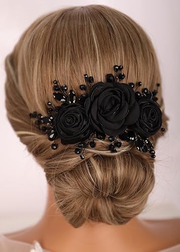 Kercisbeauty Sofe Chiffon Black Rose Flower Headband with Rhinestones Crystal