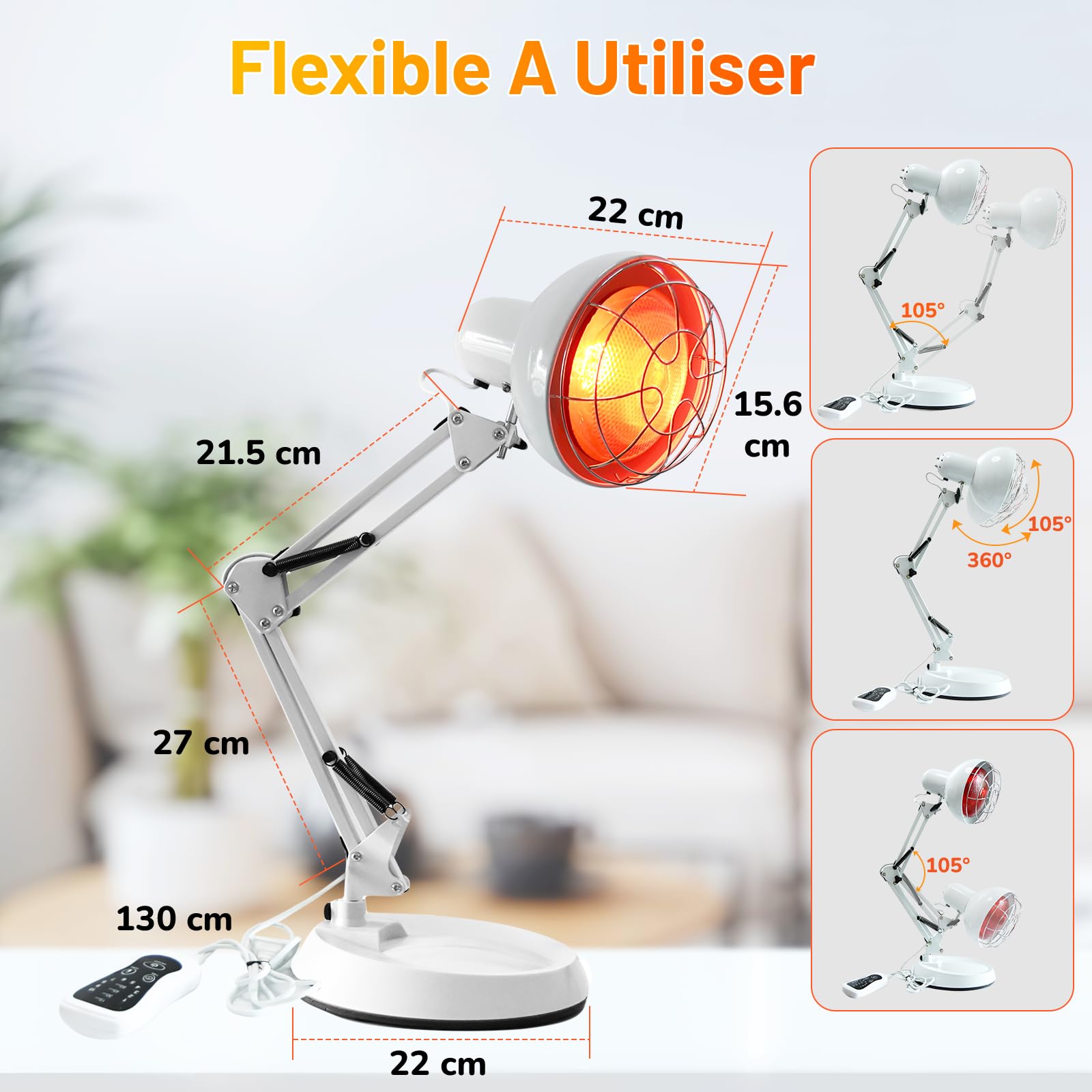 Lampe Infrarouge 150W, TERVON Lampe Infrarouge Chauffante, 10 Niveaux de Température Réglables avec Minuterie, Lampe Chauffante pour Soulager La Douleur