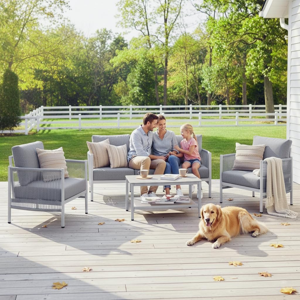 Aluminum Patio Furniture Set, 4 Seats Modern Outdoor Sectional Furniture with PE Rope & Dual-Layer Coffee Table, Luxury Patio Conversation Sets with 6" Cushions for Backyard/Garden, White