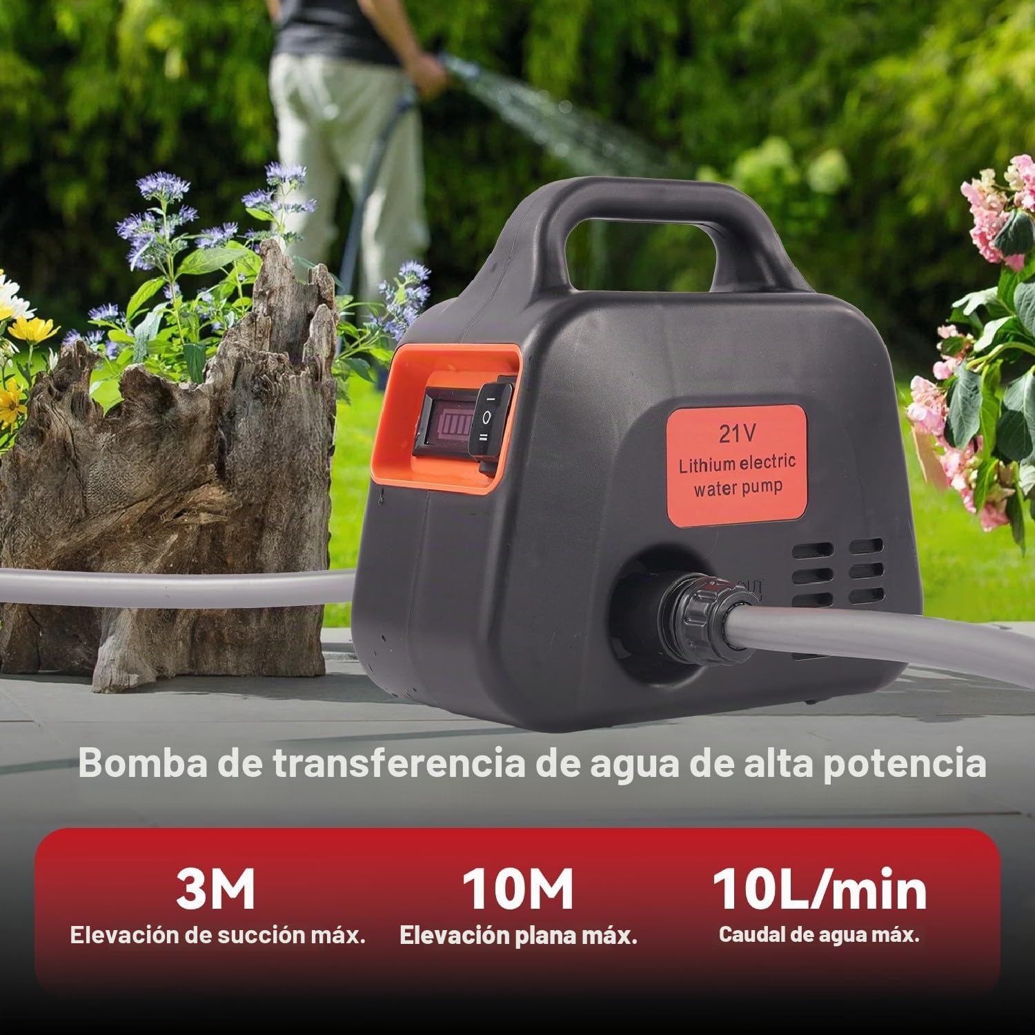 ONEVAN Bomba de Agua con batería 600L/h, Bomba eléctrica de jardín con indicador de Potencia, 2 baterías 2000mAh, 2 velocidades, Bomba de batería, Incluye Boquilla 7 en (Negro, Estándar)