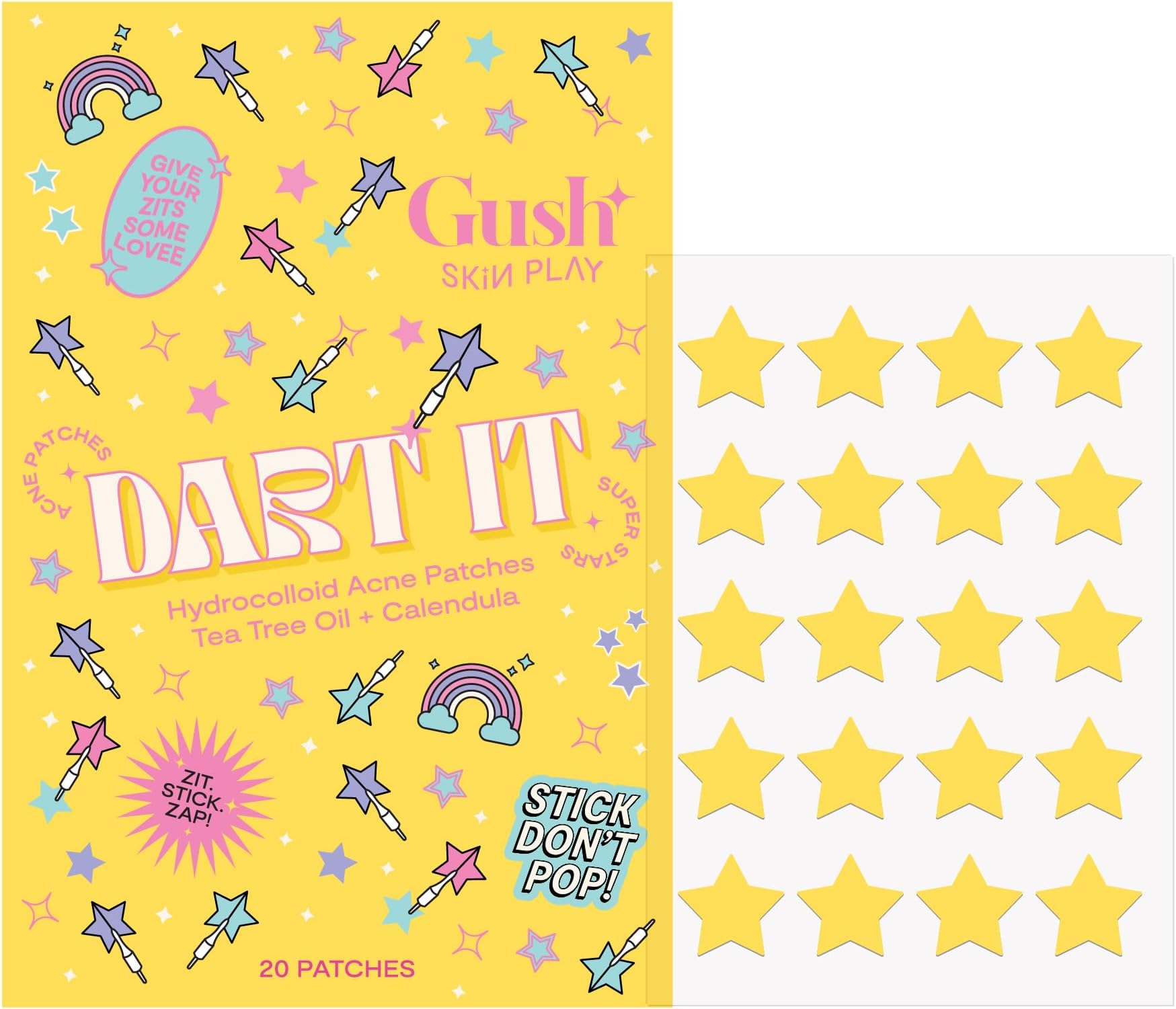 Gush Beauty Dart It Pimple Patches - 20 Yellow Star Shaped Hydrocolloid Acne Patches with Tea Tree Oil - Pimple Patch for Active Acne & Spot Treatment - Fashionable Acne Star Stickers, Waterproof & Makeup Compatible