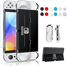 Improved - FANPL Clear Case Kit for Nintendo Switch OLED, PC Cover for Switch OLED Console and TPU Case with Transparent Lattice Pattern for Joy Con, Case Set with 1 Screen Protector and 12 Thumb Caps