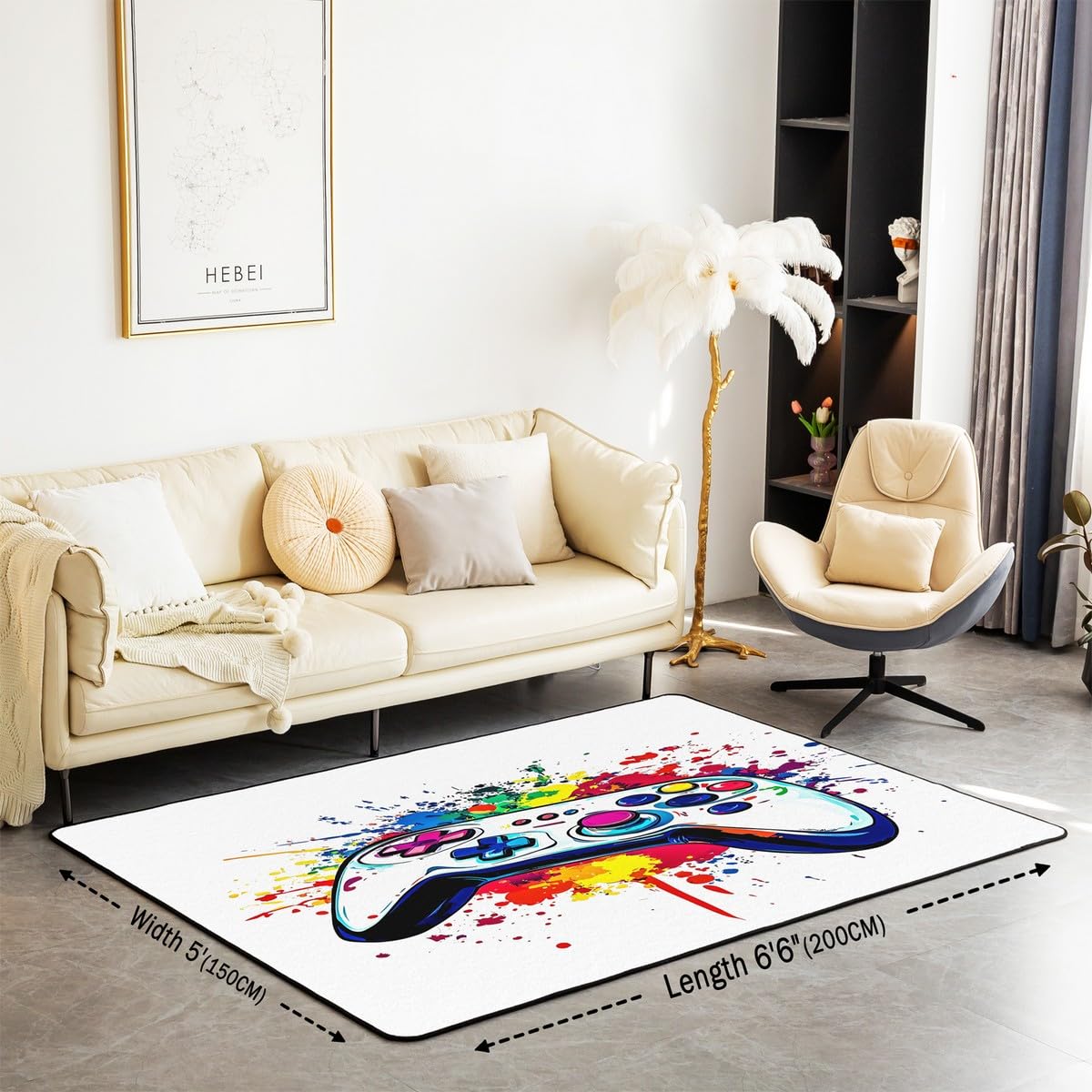 Loussiesd Dywan do salonu dla graczy, 100 x 150 cm, gamingowy dywan akcentujący dla chłopców, dziewcząt, nastolatków, nowoczesny kontroler konsoli do gier, wewnętrzna mata podłogowa, joystick, biała,
